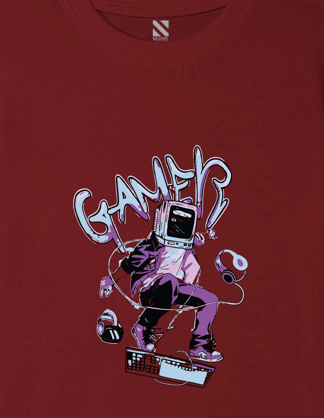 Nusyl Boys Wine Gamer Text Printed Short sleeve Cotton Blend Oversized T-shirts
