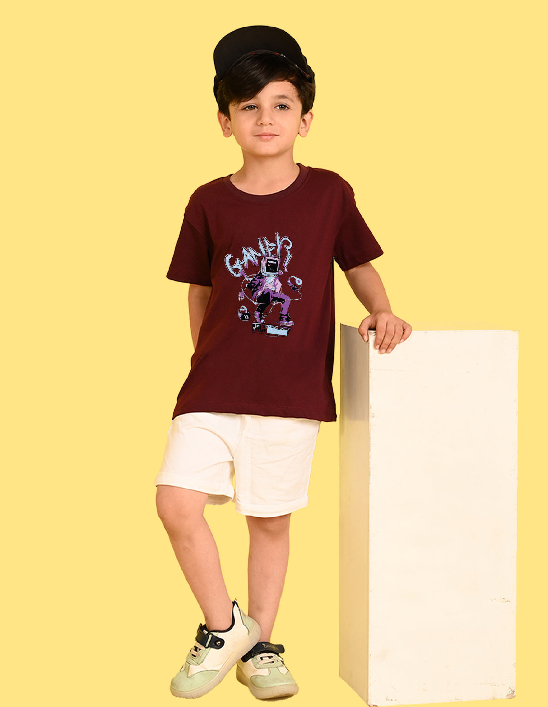 Nusyl Boys Wine Gamer Text Printed Short sleeve Cotton Blend Oversized T-shirts