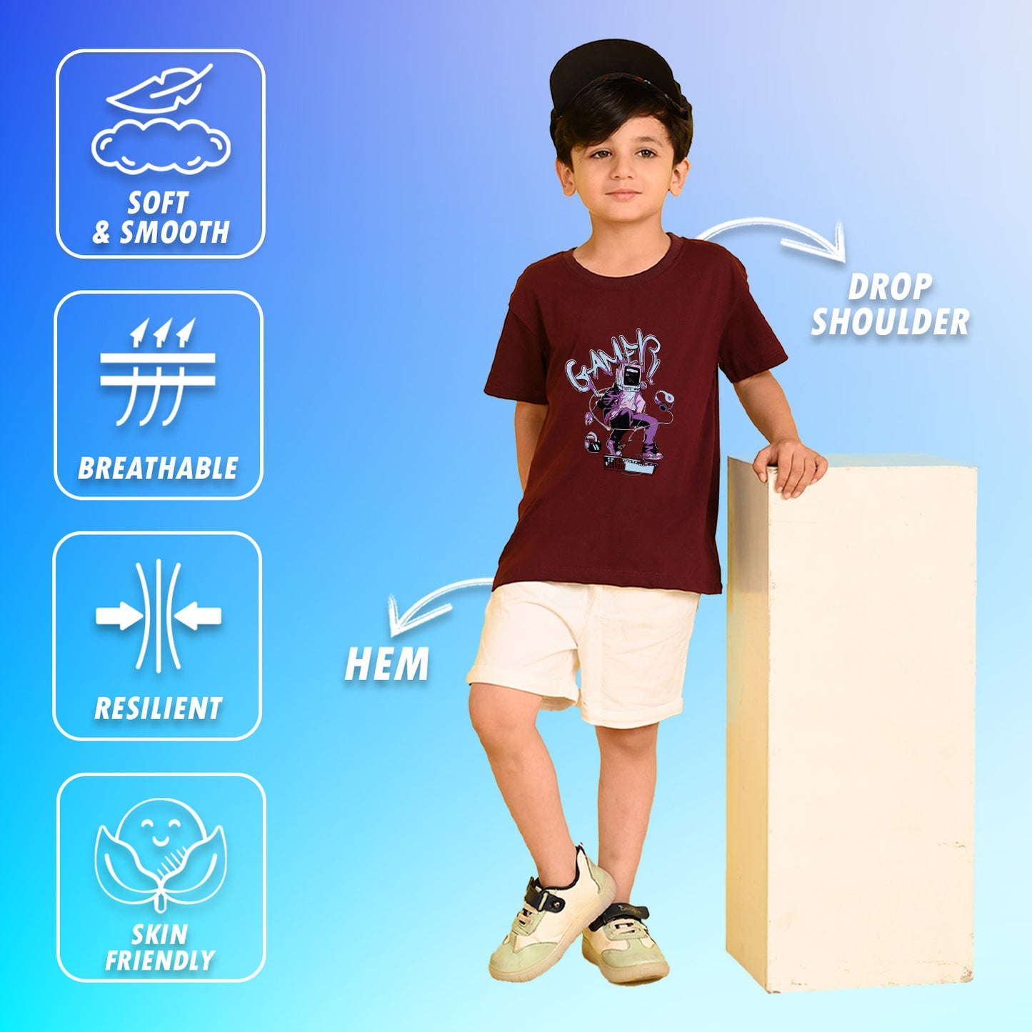 Nusyl Boys Wine Gamer Text Printed Short sleeve Cotton Blend Oversized T-shirts