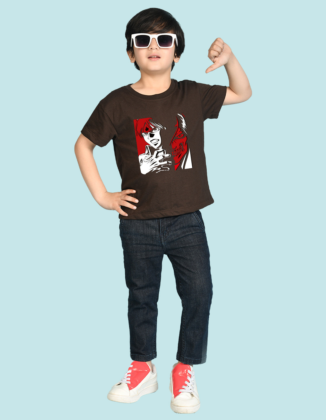 Nusyl Boys Brown Anime & Text Printed Short sleeve Cotton Blend Oversized T-shirts