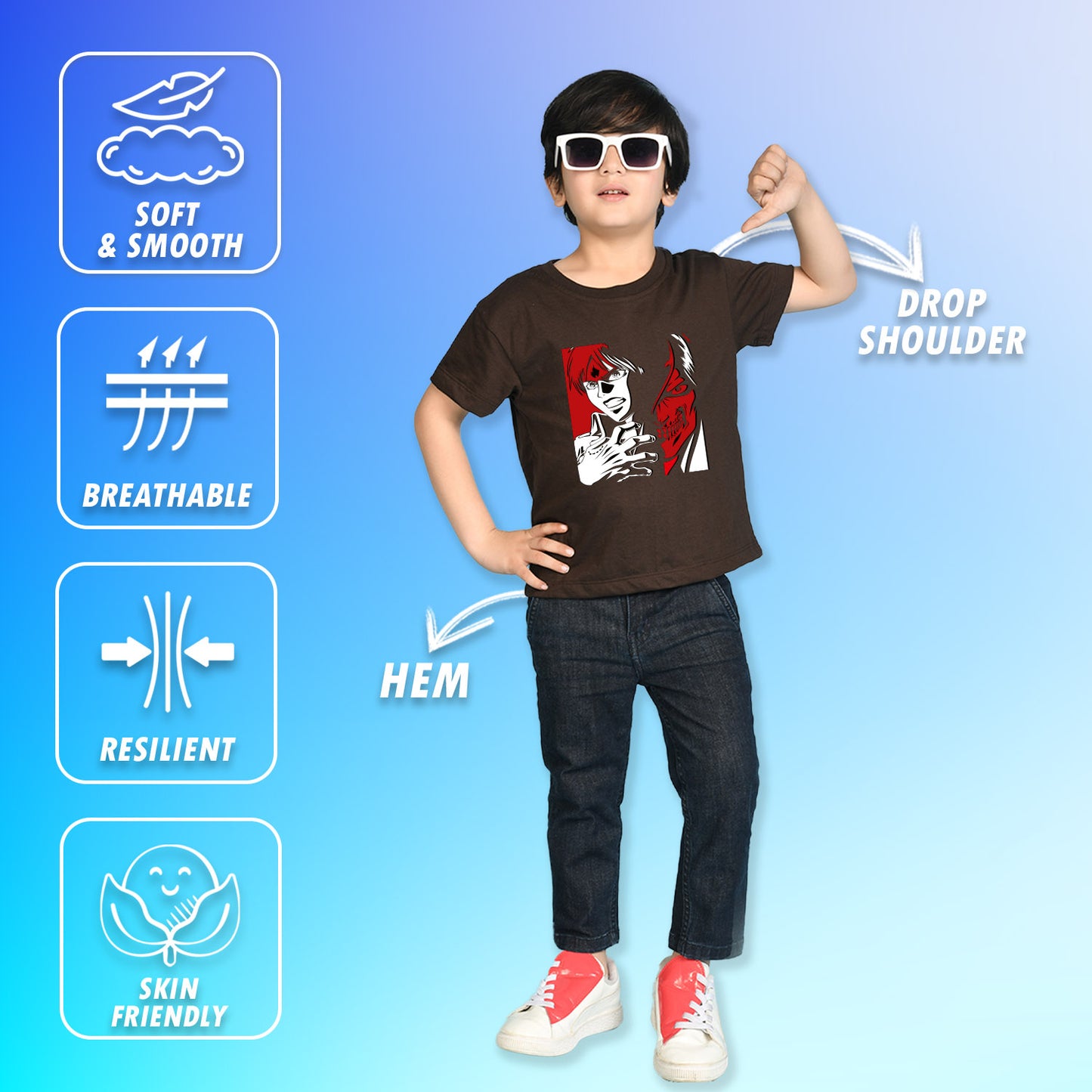 Nusyl Boys Brown Anime & Text Printed Short sleeve Cotton Blend Oversized T-shirts