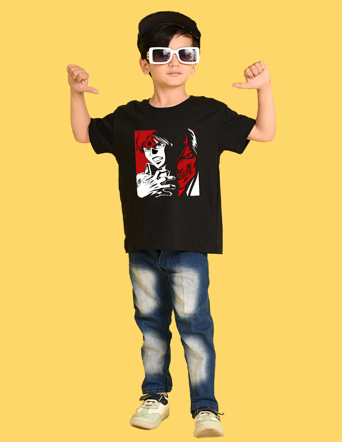 Nusyl Boys Black Anime & Text Printed Short sleeve Cotton Blend Oversized T-shirts