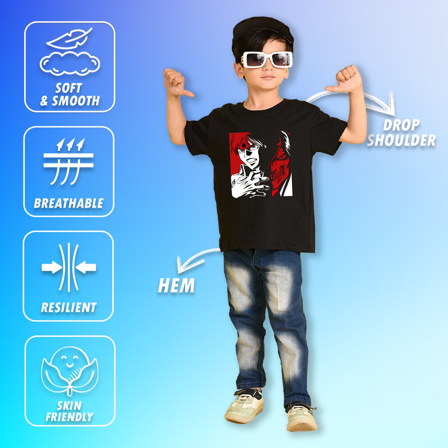 Nusyl Boys Black Anime & Text Printed Short sleeve Cotton Blend Oversized T-shirts