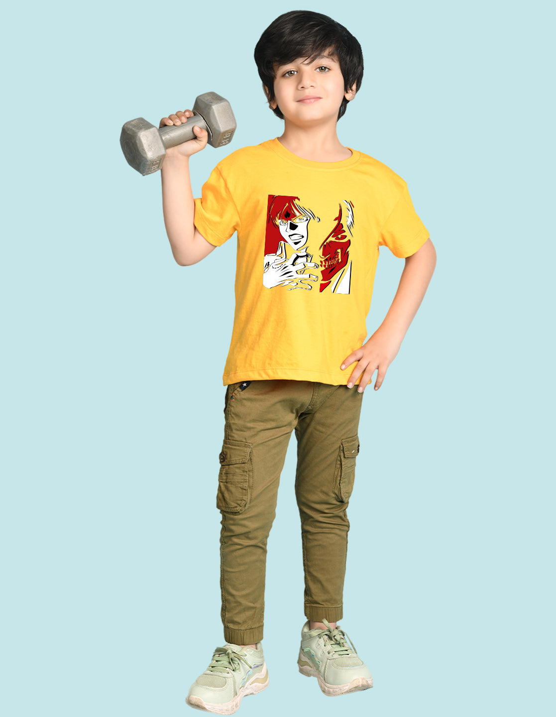Nusyl Boys Yellow Anime & Text Printed Short sleeve Cotton Blend Oversized T-shirts