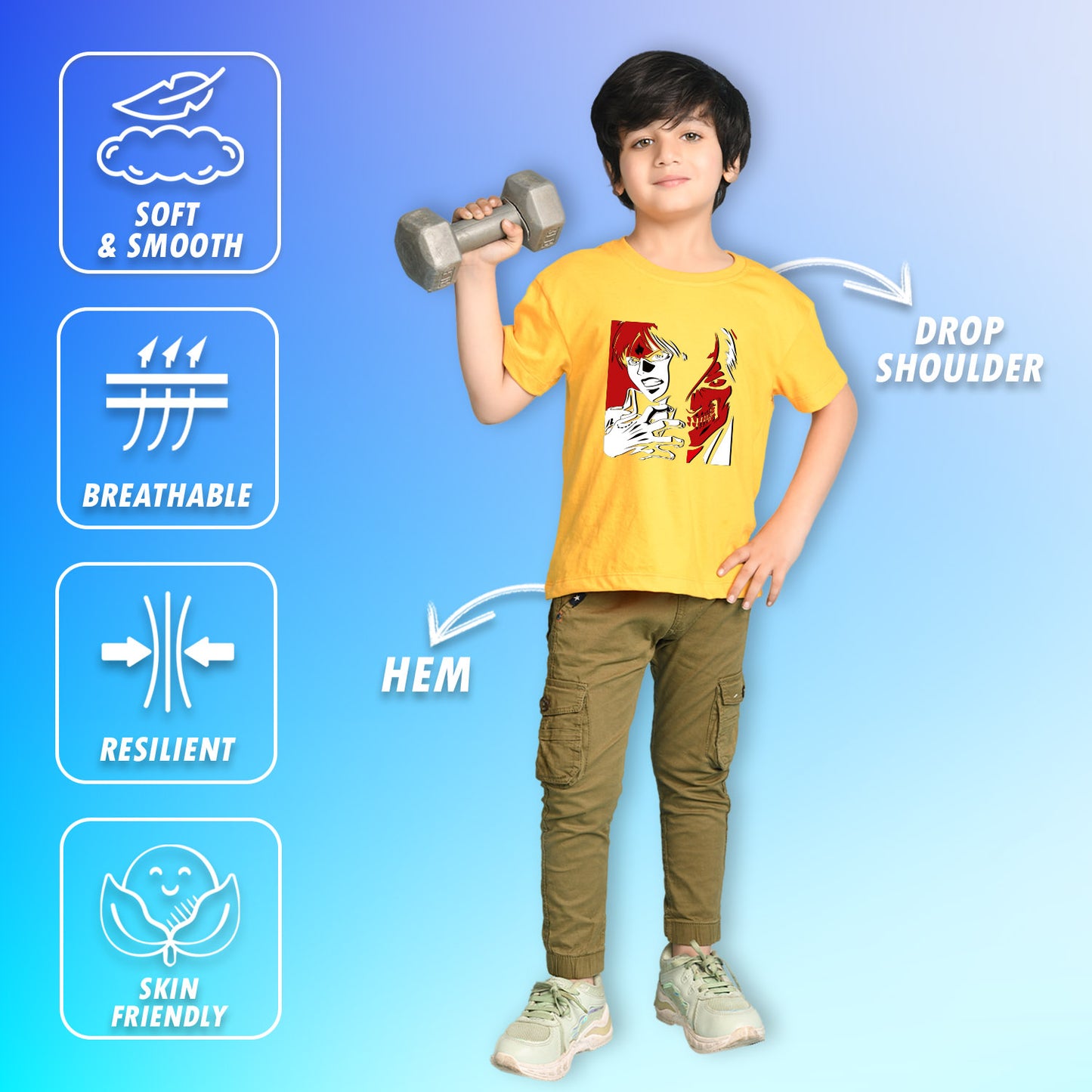 Nusyl Boys Yellow Anime & Text Printed Short sleeve Cotton Blend Oversized T-shirts