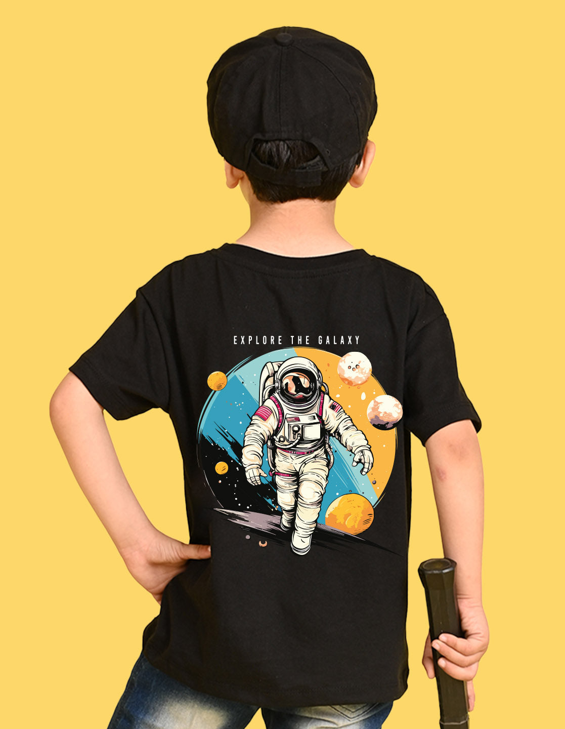 Nusyl Boys Black Astronaut & Text Printed Short Sleeve Oversized T-Shirt