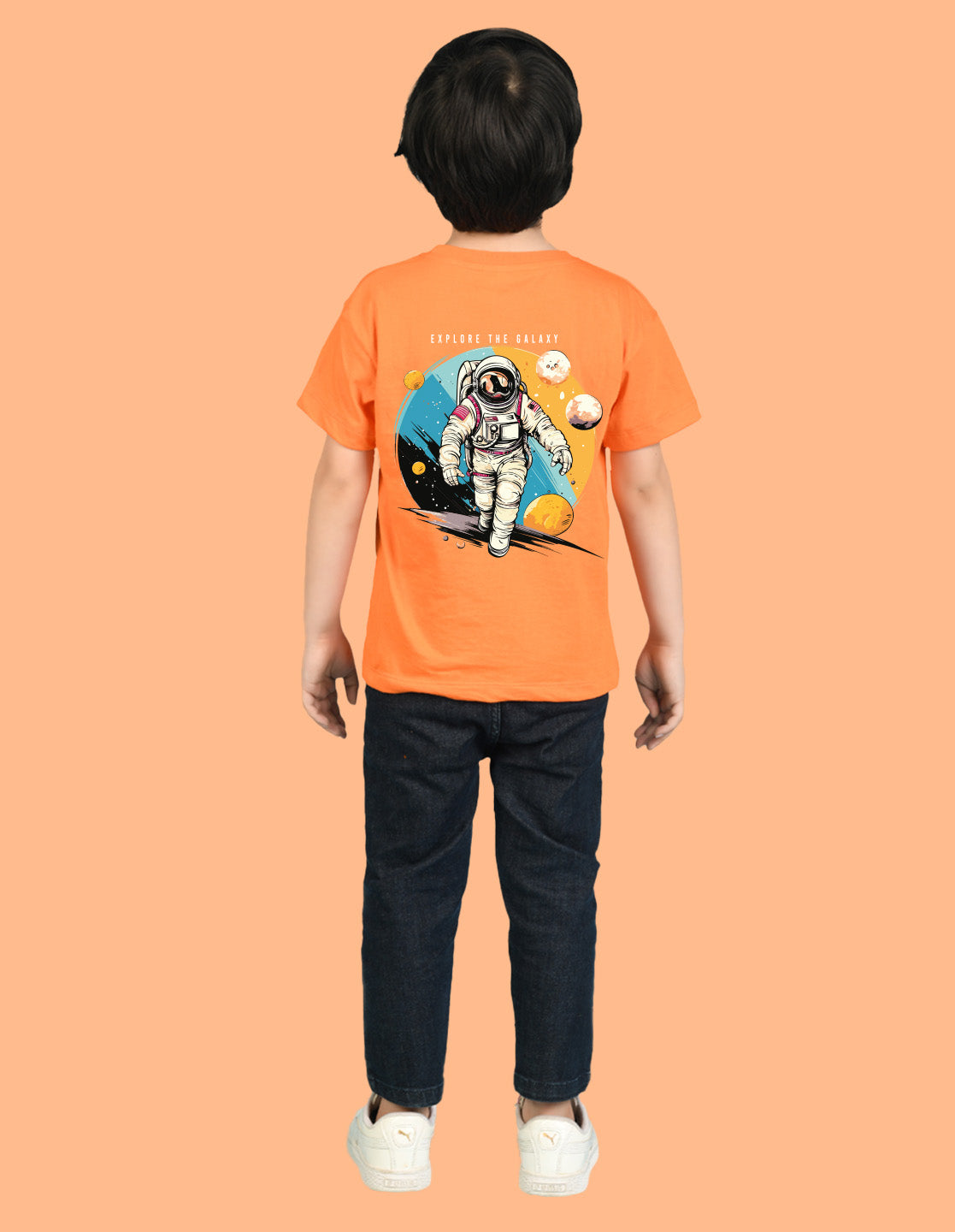 Nusyl Boys Orange Astronaut & Text Printed Short Sleeve Oversized T-Shirt