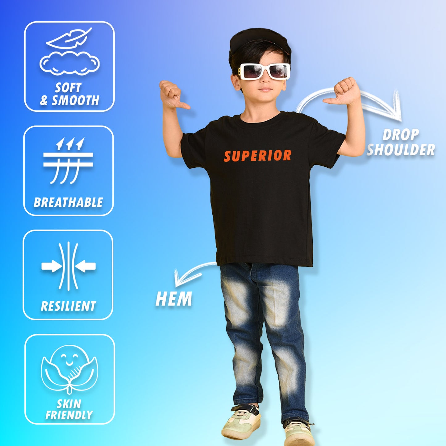 Nusyl Boys Black Superior Text Printed Short sleeve Cotton Blend Oversized T-shirts