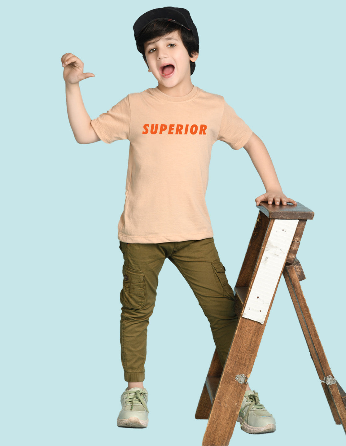 Nusyl Boys Beige Superior Text Printed Short sleeve Cotton Blend Oversized T-shirts