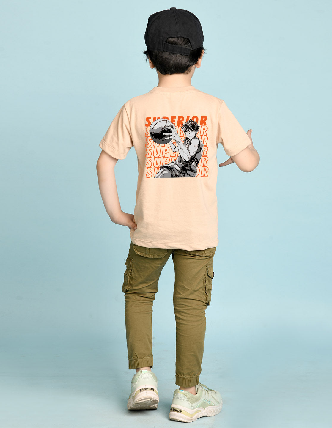 Nusyl Boys Beige Superior Text Printed Short sleeve Cotton Blend Oversized T-shirts