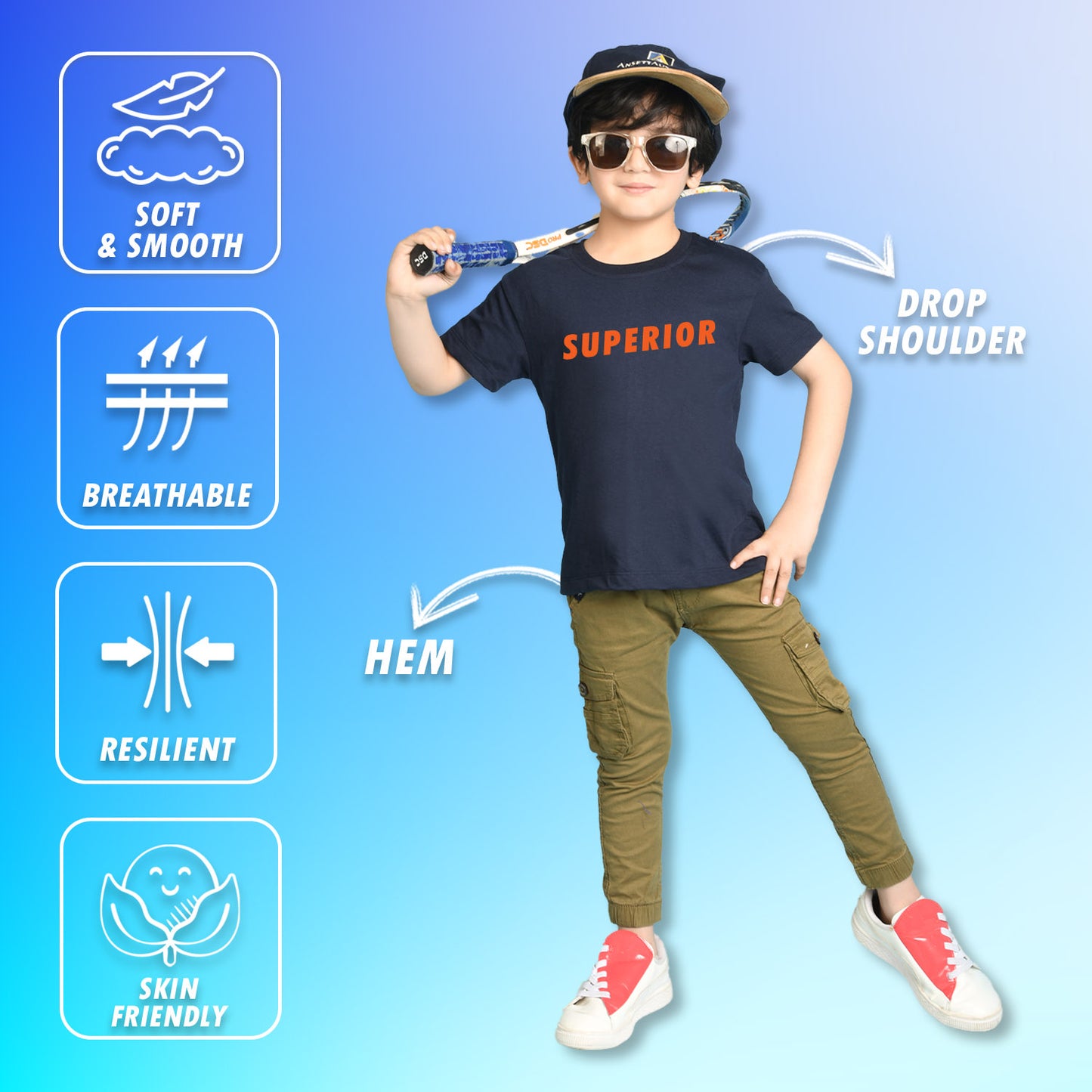 Nusyl Boys Navy Blue Superior Text Printed Short sleeve Cotton Blend Oversized T-shirts