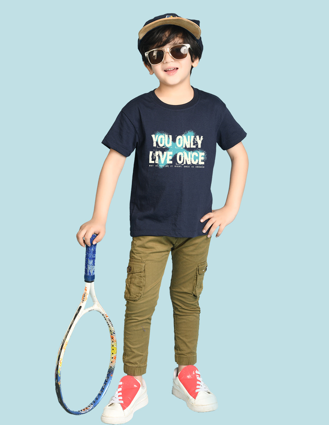 Nusyl Boys Navy Blue You Only Live Once Text Printed Short sleeve Cotton Blend Oversized T-shirts