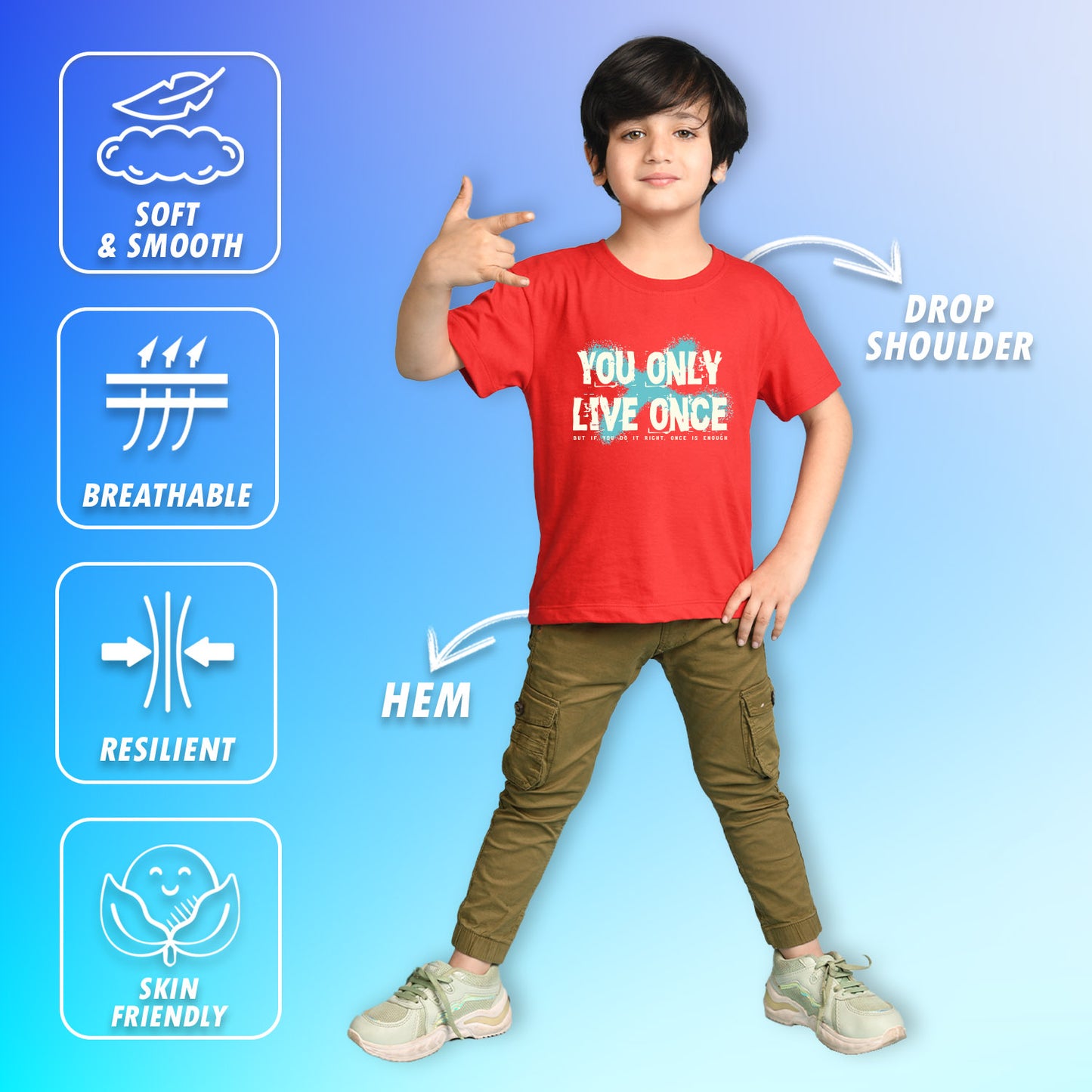 Nusyl Boys Red You Only Live Once Text Printed Short sleeve Cotton Blend Oversized T-shirts