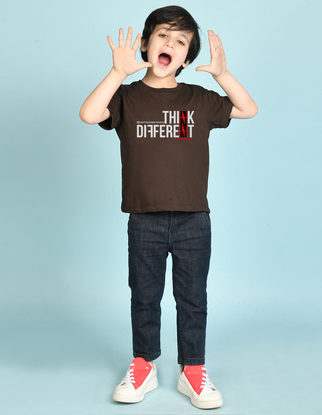 Nusyl Boys Brown Think Different Text Printed Short sleeve Cotton Blend Oversized T-shirts
