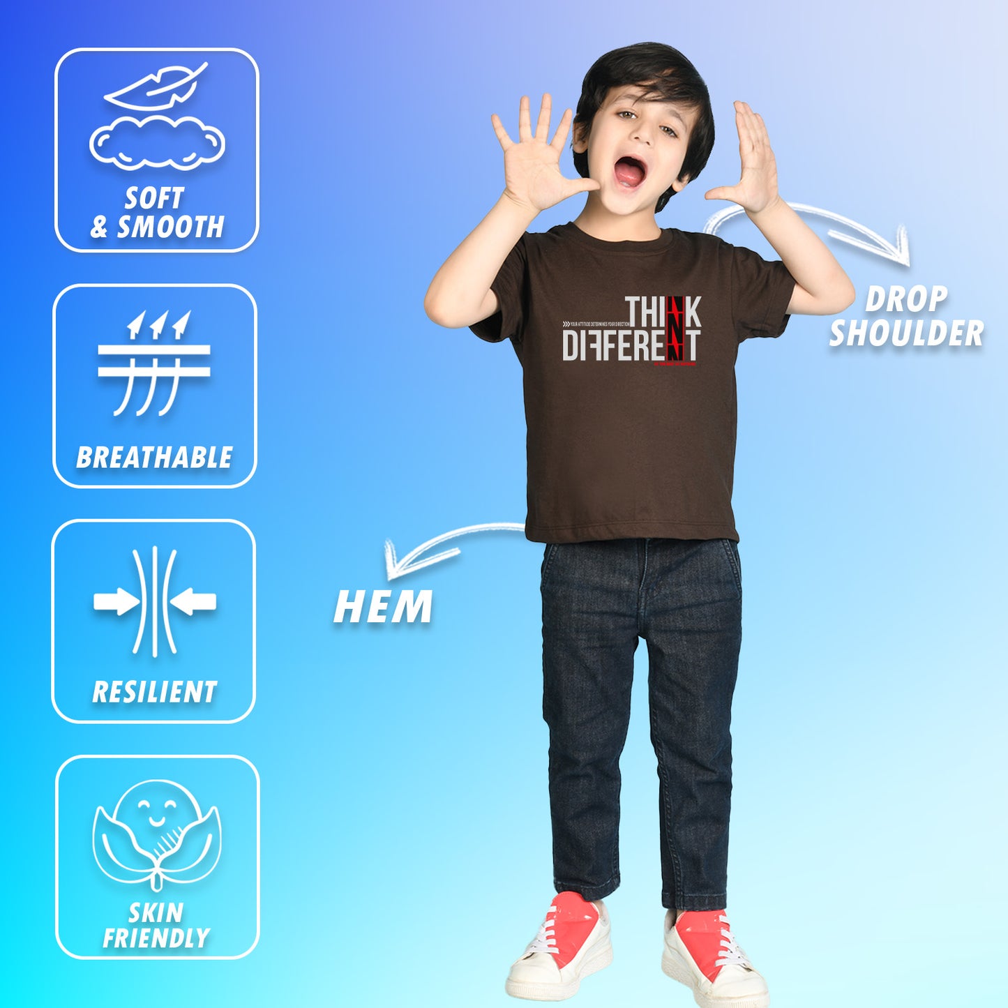 Nusyl Boys Brown Think Different Text Printed Short sleeve Cotton Blend Oversized T-shirts