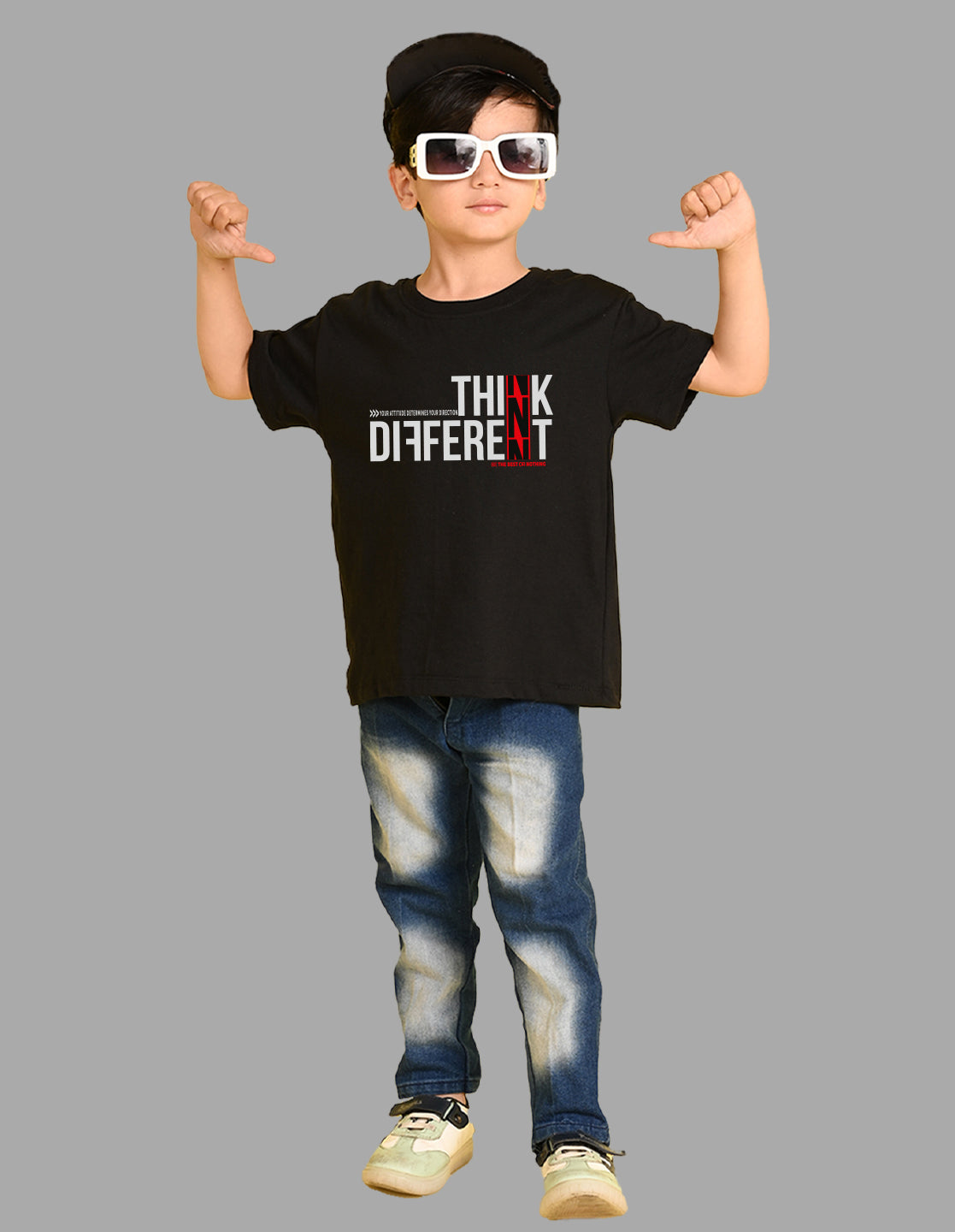 Nusyl Boys Black Think Different Text Printed Short sleeve Cotton Blend Oversized T-shirts