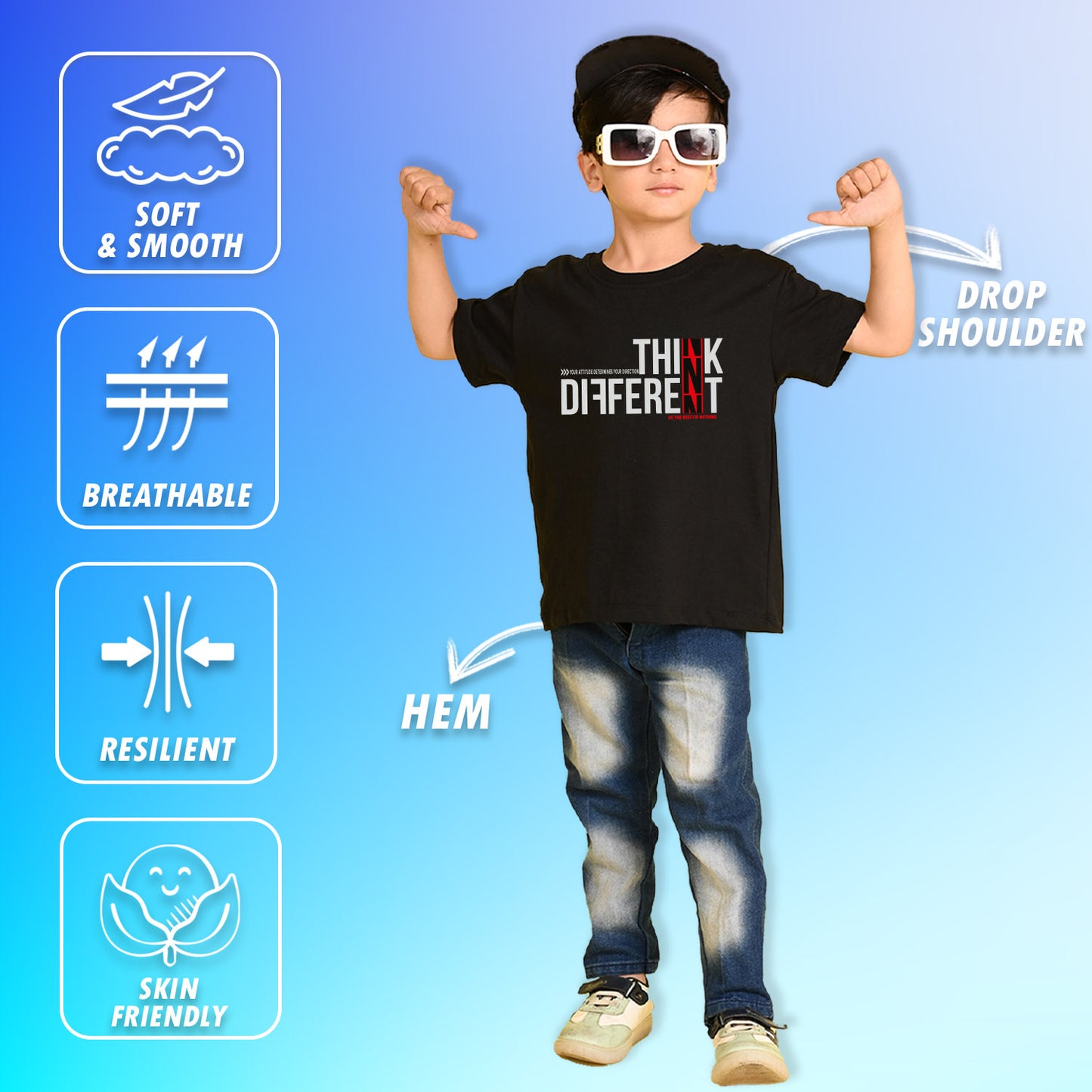 Nusyl Boys Black Think Different Text Printed Short sleeve Cotton Blend Oversized T-shirts