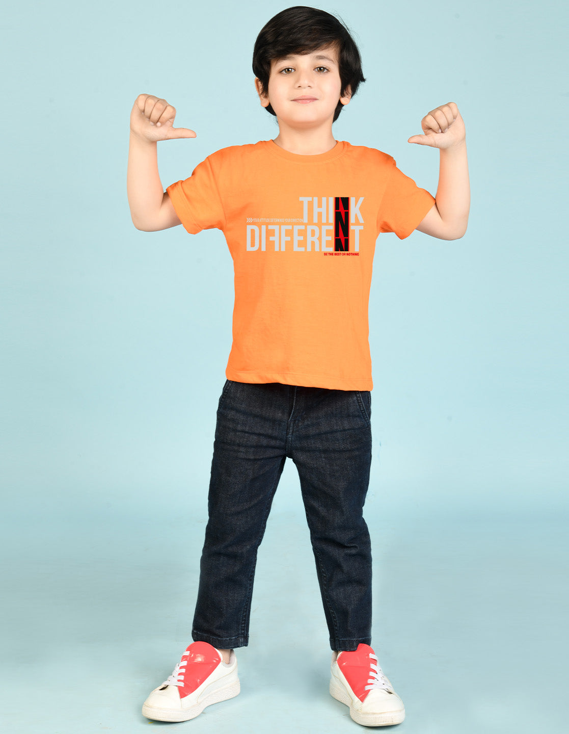 Nusyl Boys Orange Think Different Text Printed Short sleeve Cotton Blend Oversized T-shirts