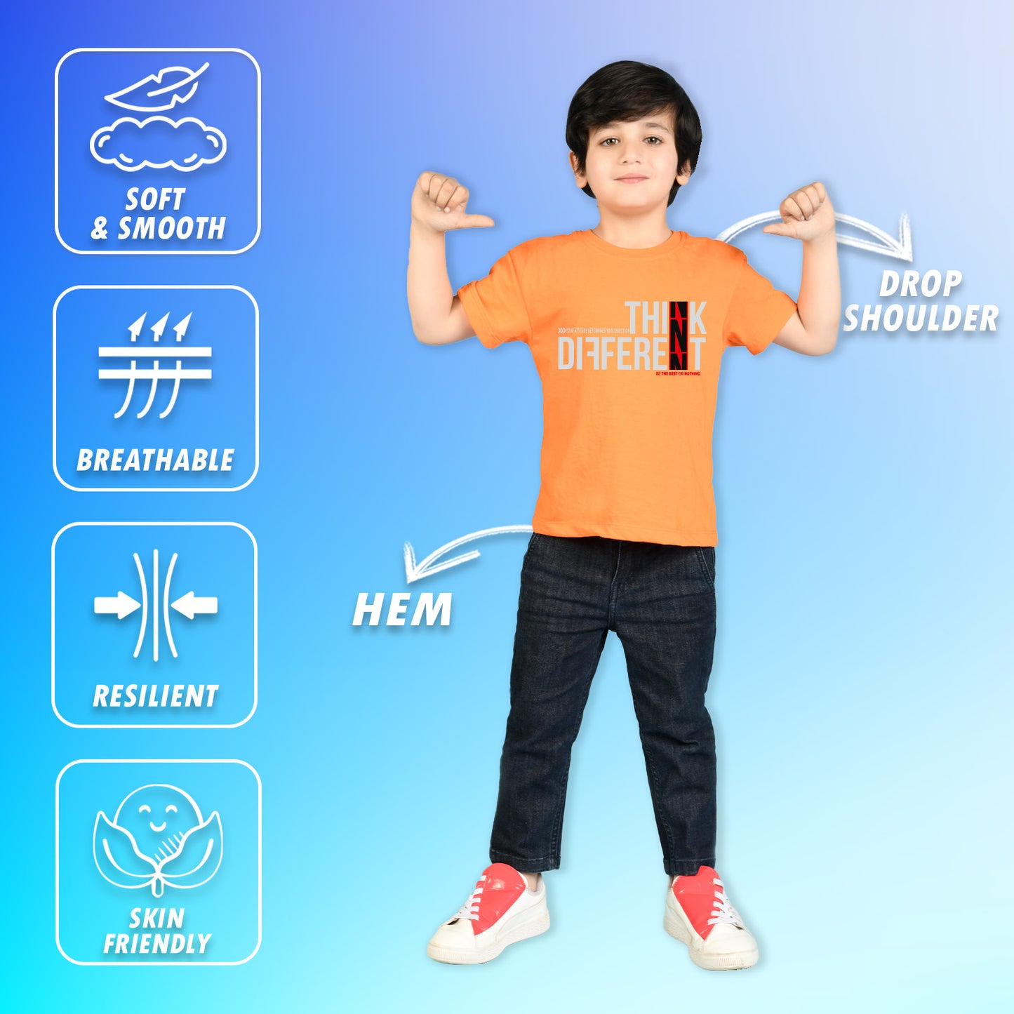 Nusyl Boys Orange Think Different Text Printed Short sleeve Cotton Blend Oversized T-shirts