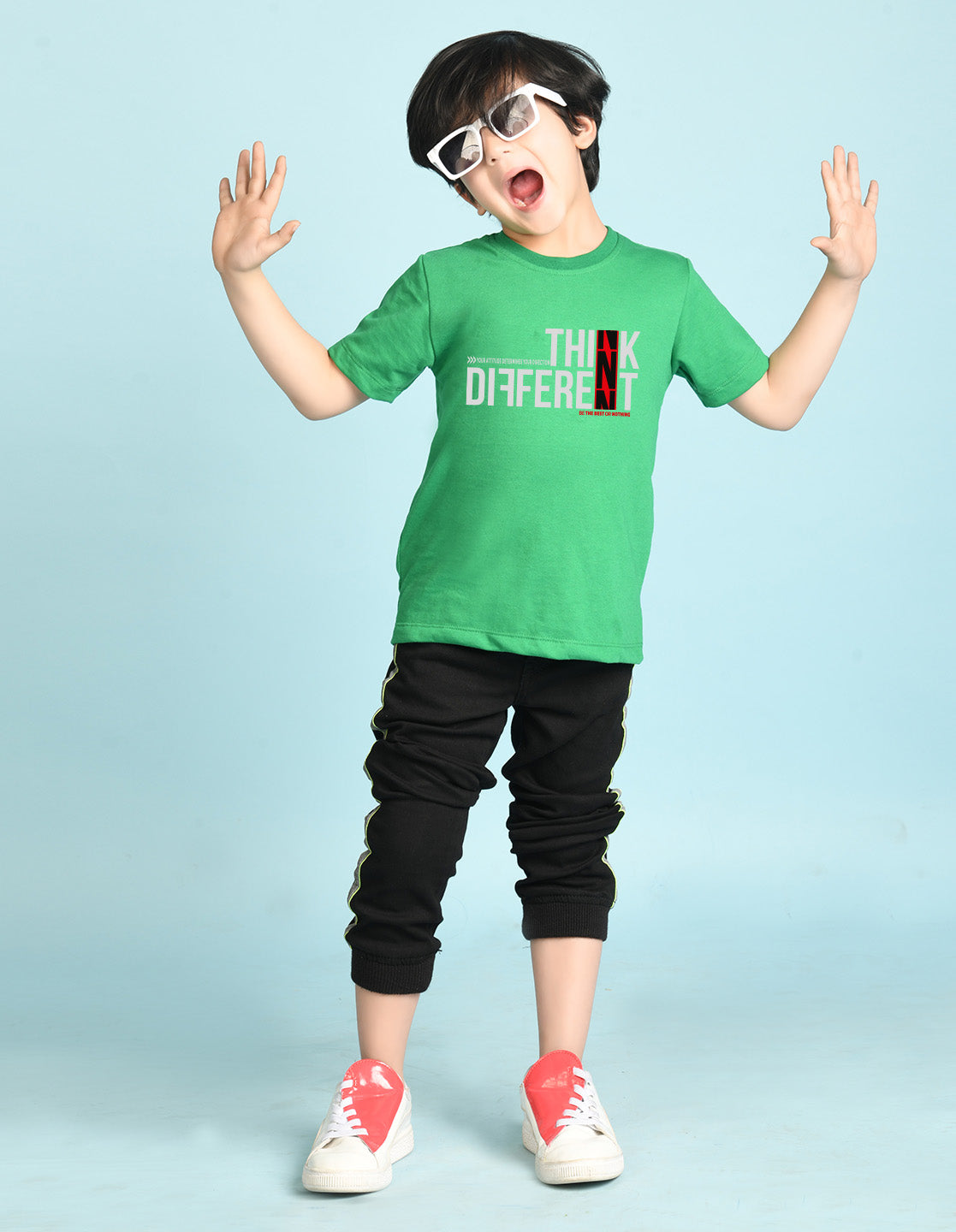 Nusyl Boys Green Think Different Text Printed Short sleeve Cotton Blend Oversized T-shirts