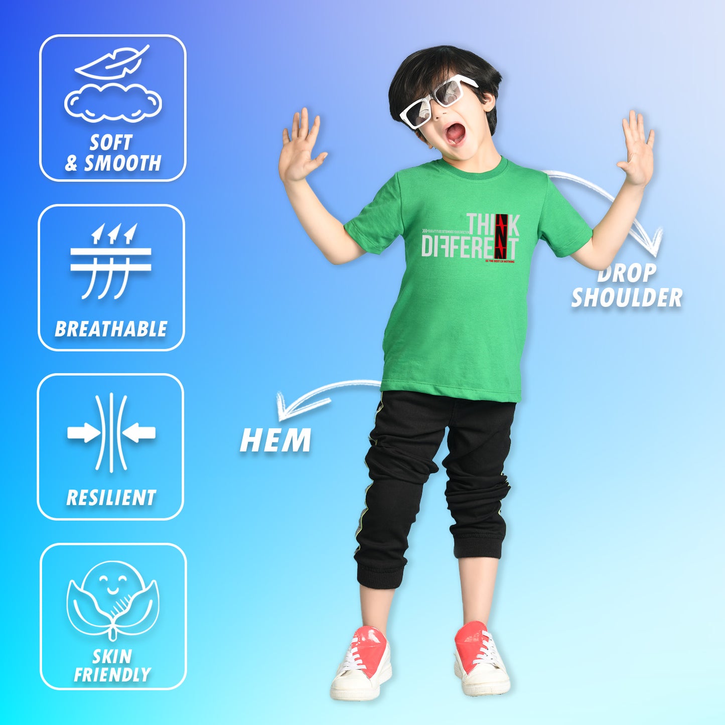Nusyl Boys Green Think Different Text Printed Short sleeve Cotton Blend Oversized T-shirts