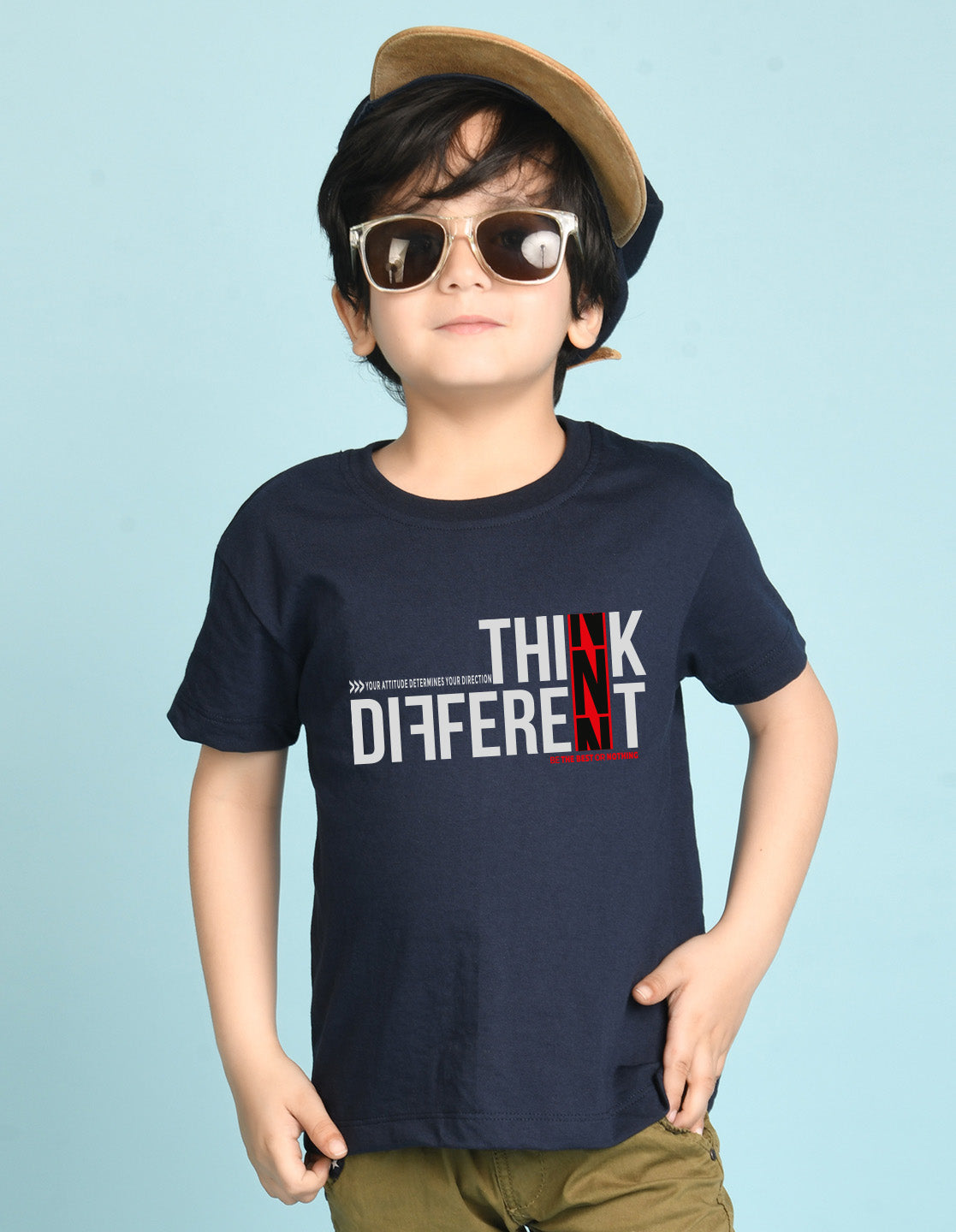 Nusyl Boys Navy Blue Think Different Text Printed Short sleeve Cotton Blend Oversized T-shirts