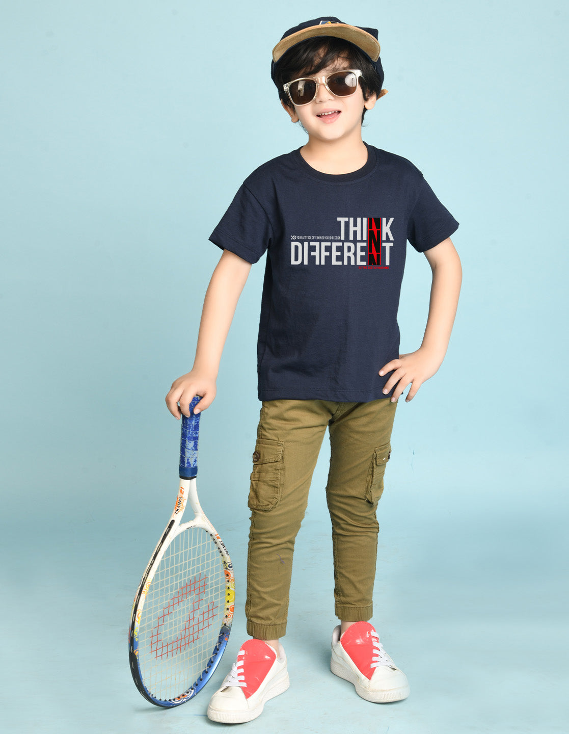 Nusyl Boys Navy Blue Think Different Text Printed Short sleeve Cotton Blend Oversized T-shirts