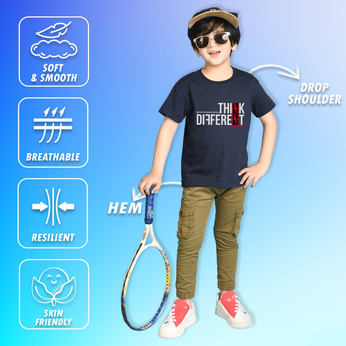 Nusyl Boys Navy Blue Think Different Text Printed Short sleeve Cotton Blend Oversized T-shirts