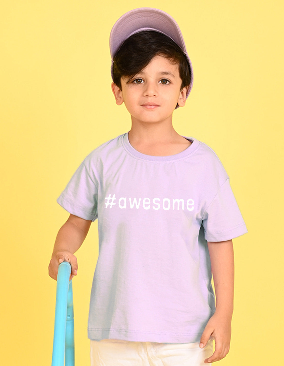 Nusyl Boys Lilac Awesome Text Printed Short sleeve Cotton Blend Oversized T-shirts
