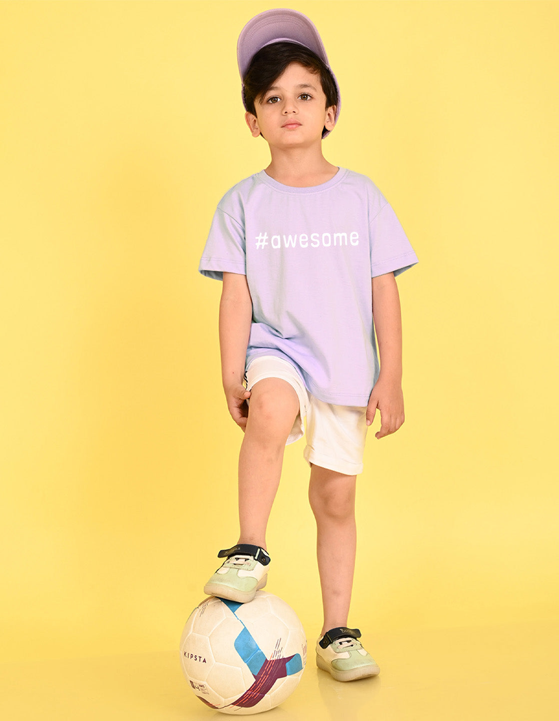 Nusyl Boys Lilac Awesome Text Printed Short sleeve Cotton Blend Oversized T-shirts