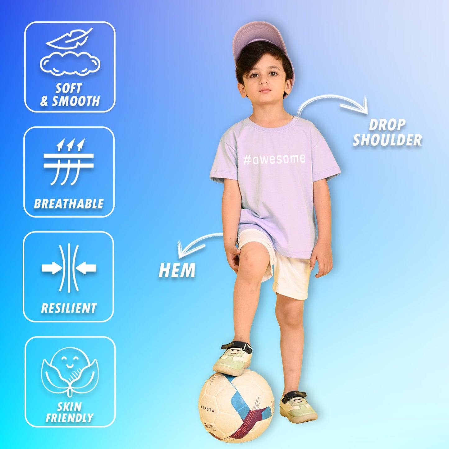 Nusyl Boys Lilac Awesome Text Printed Short sleeve Cotton Blend Oversized T-shirts
