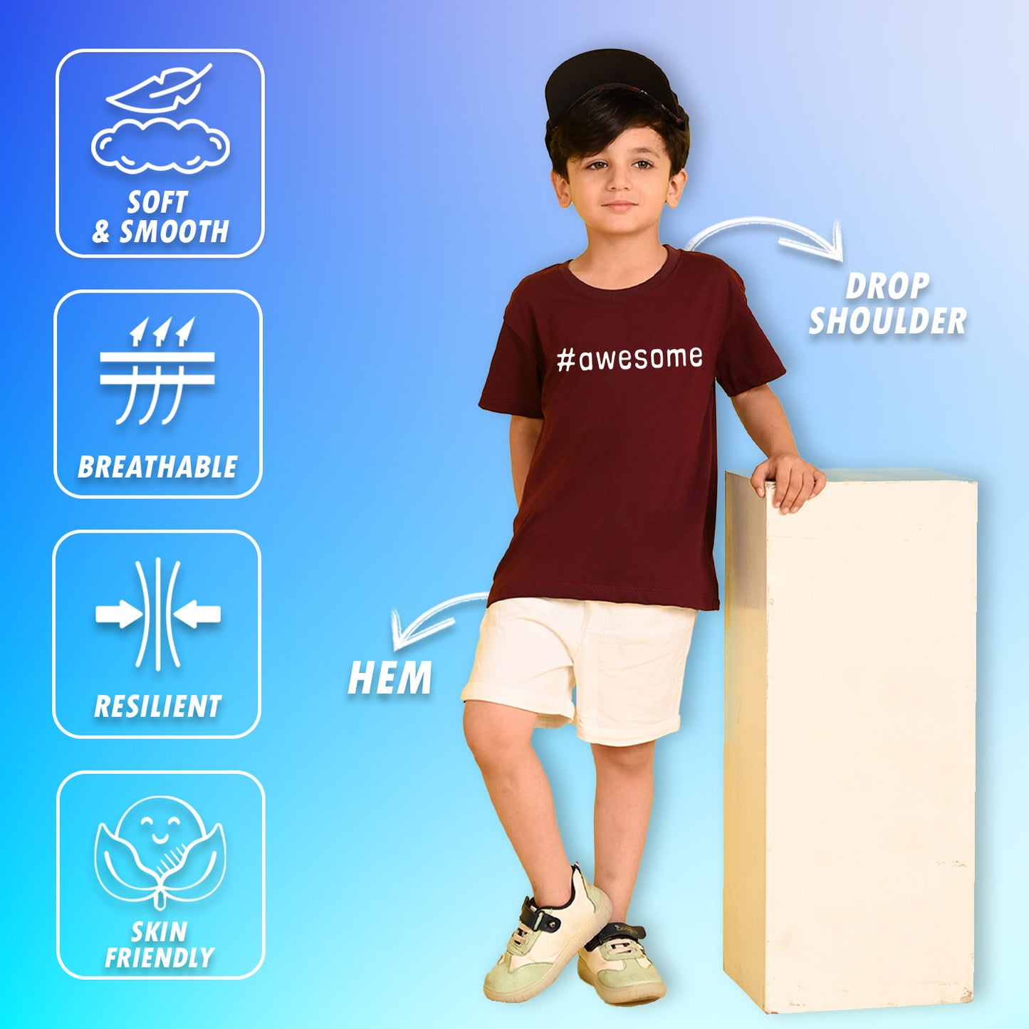 Nusyl Boys Wine Awesome Text Printed Short sleeve Cotton Blend Oversized T-shirts