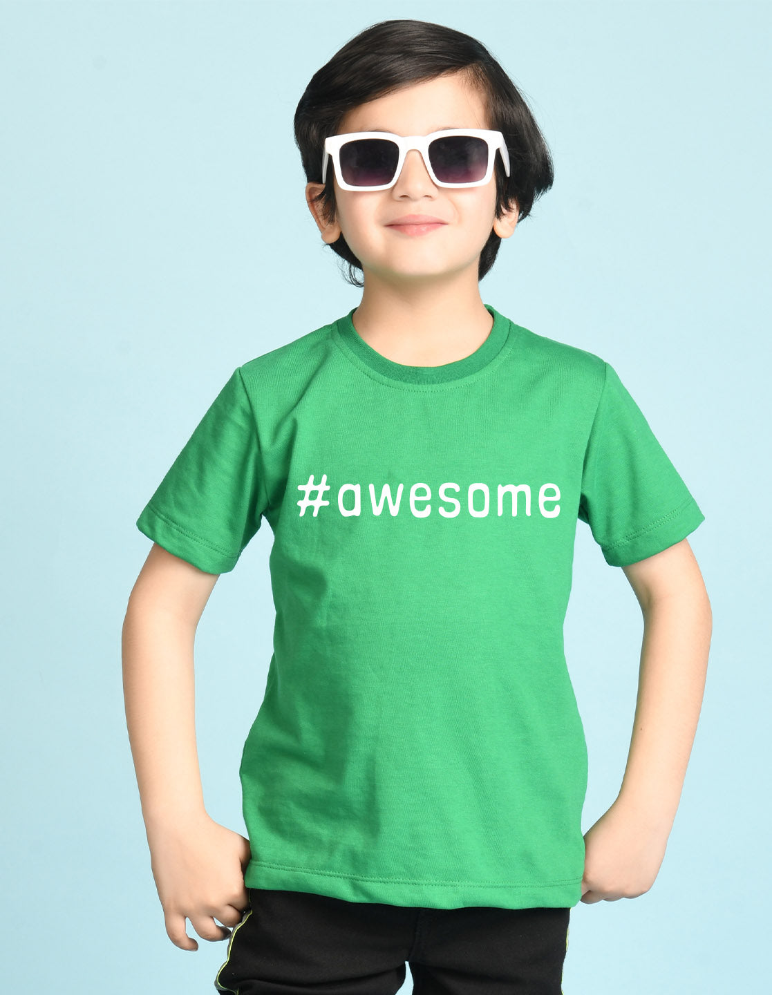 Nusyl Boys Green Awesome Text Printed Short sleeve Cotton Blend Oversized T-shirts