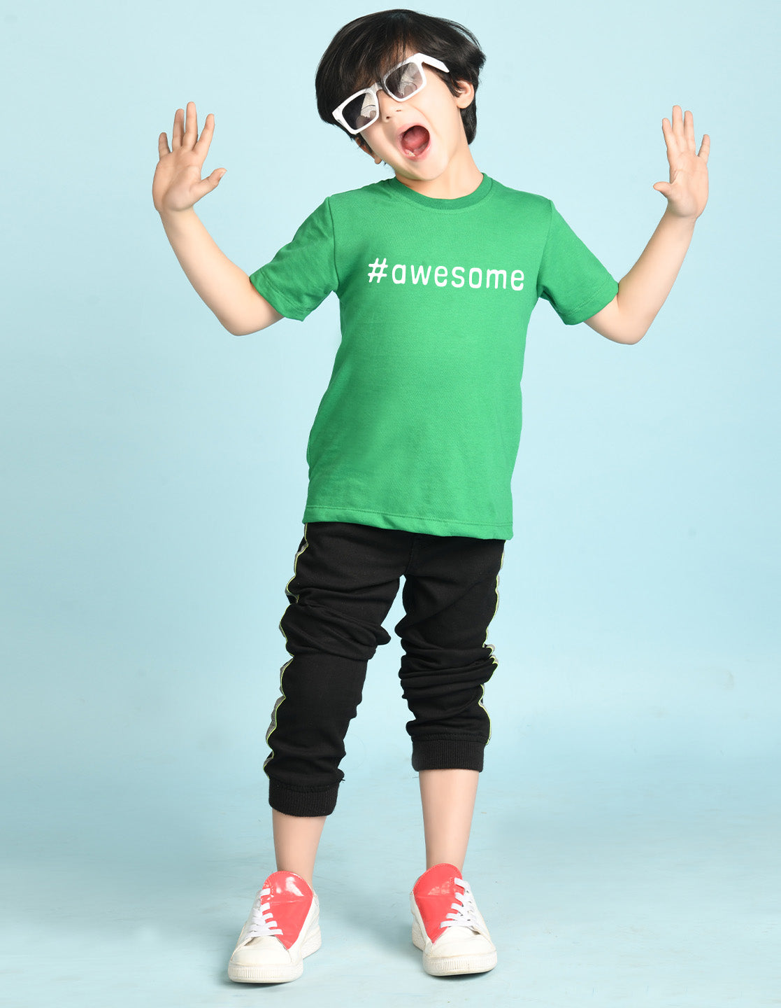 Nusyl Boys Green Awesome Text Printed Short sleeve Cotton Blend Oversized T-shirts