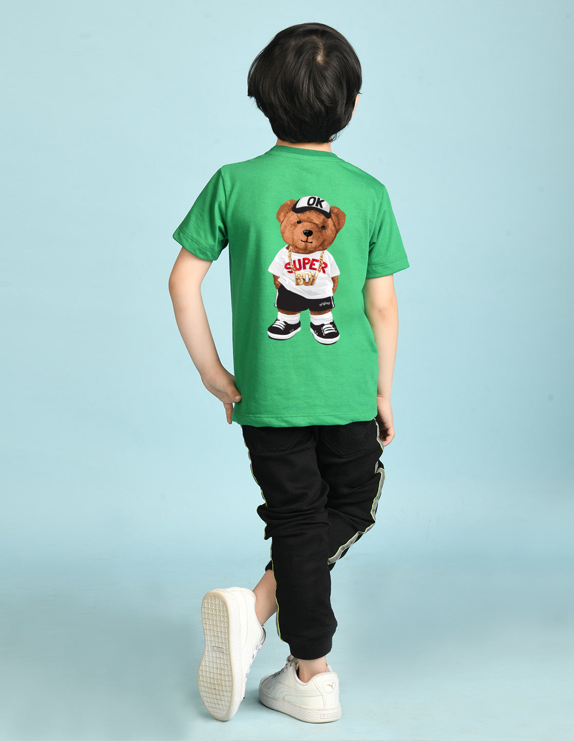 Nusyl Boys Green Awesome Text Printed Short sleeve Cotton Blend Oversized T-shirts