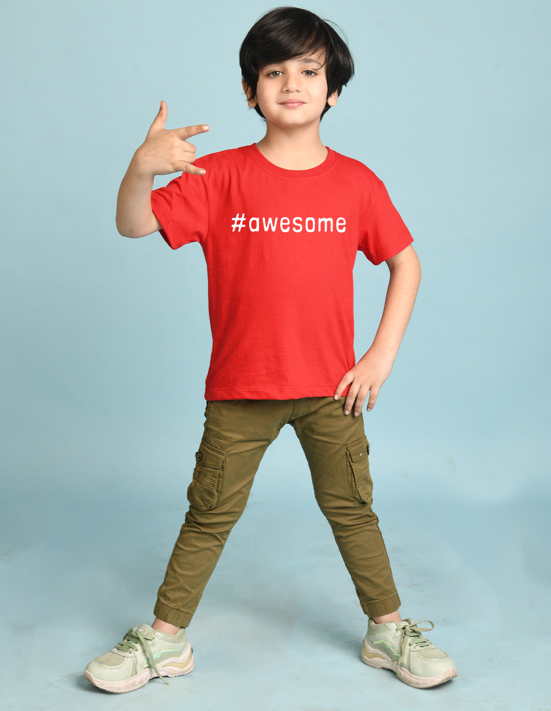 Nusyl Boys Red Awesome Text Printed Short sleeve Cotton Blend Oversized T-shirts