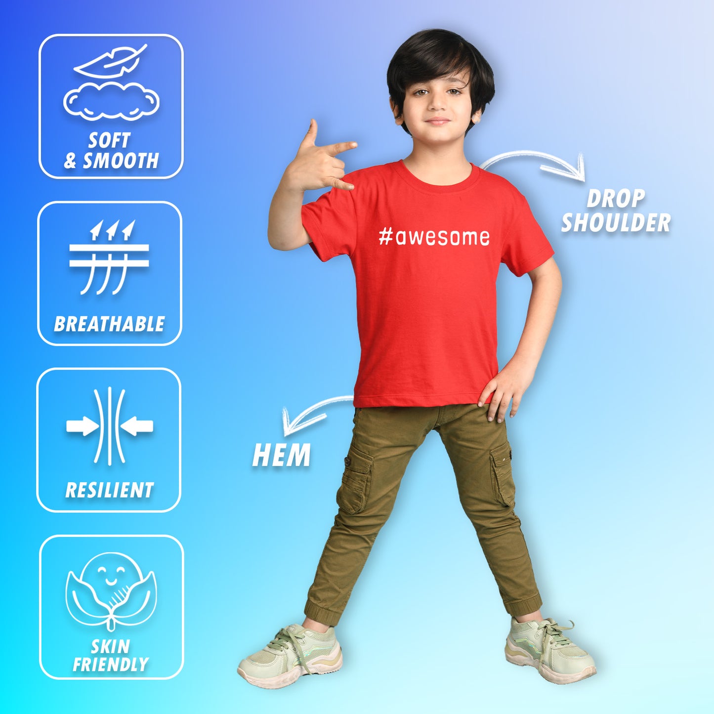 Nusyl Boys Red Awesome Text Printed Short sleeve Cotton Blend Oversized T-shirts