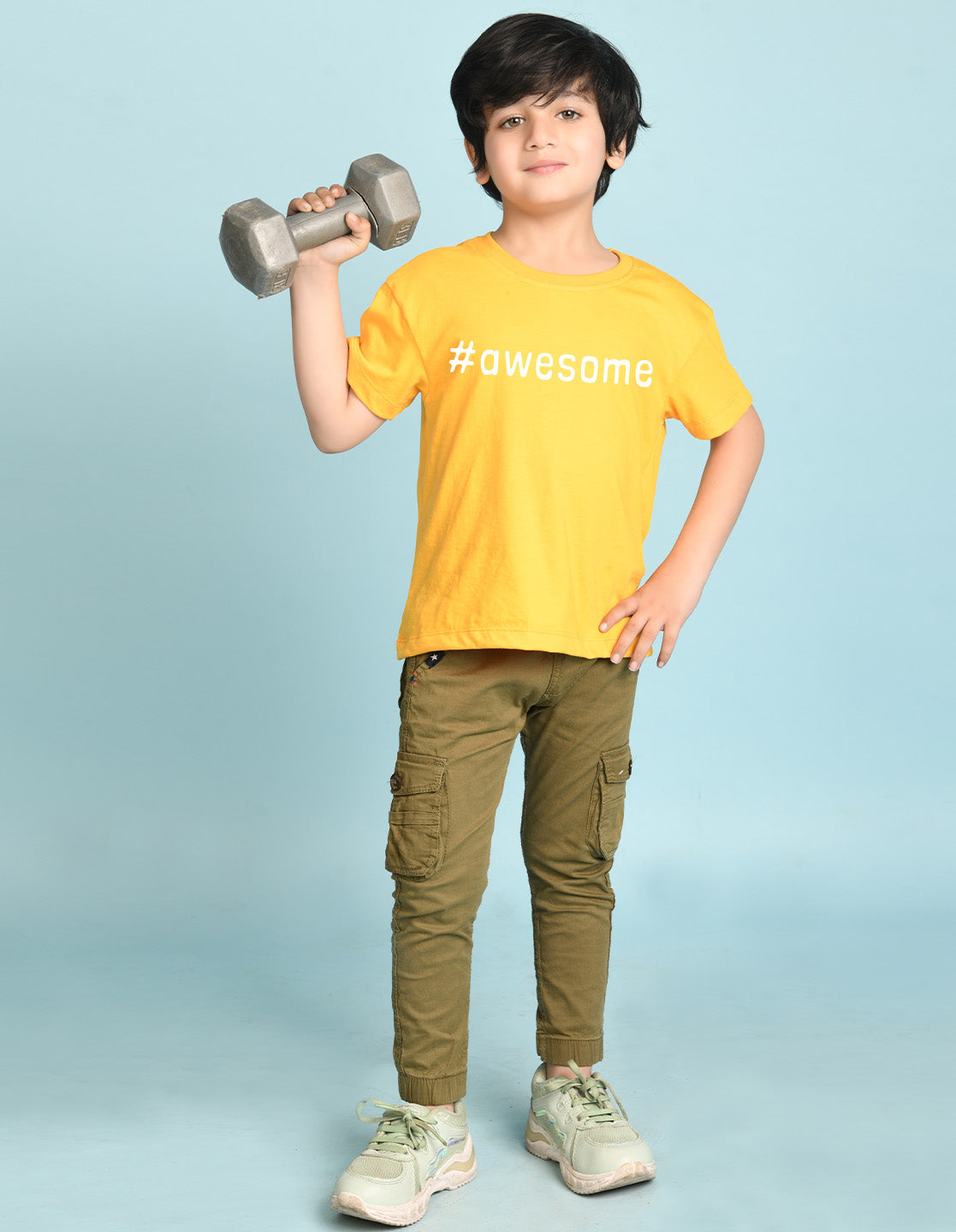 Nusyl Boys Yellow Awesome Text Printed Short sleeve Cotton Blend Oversized T-shirts