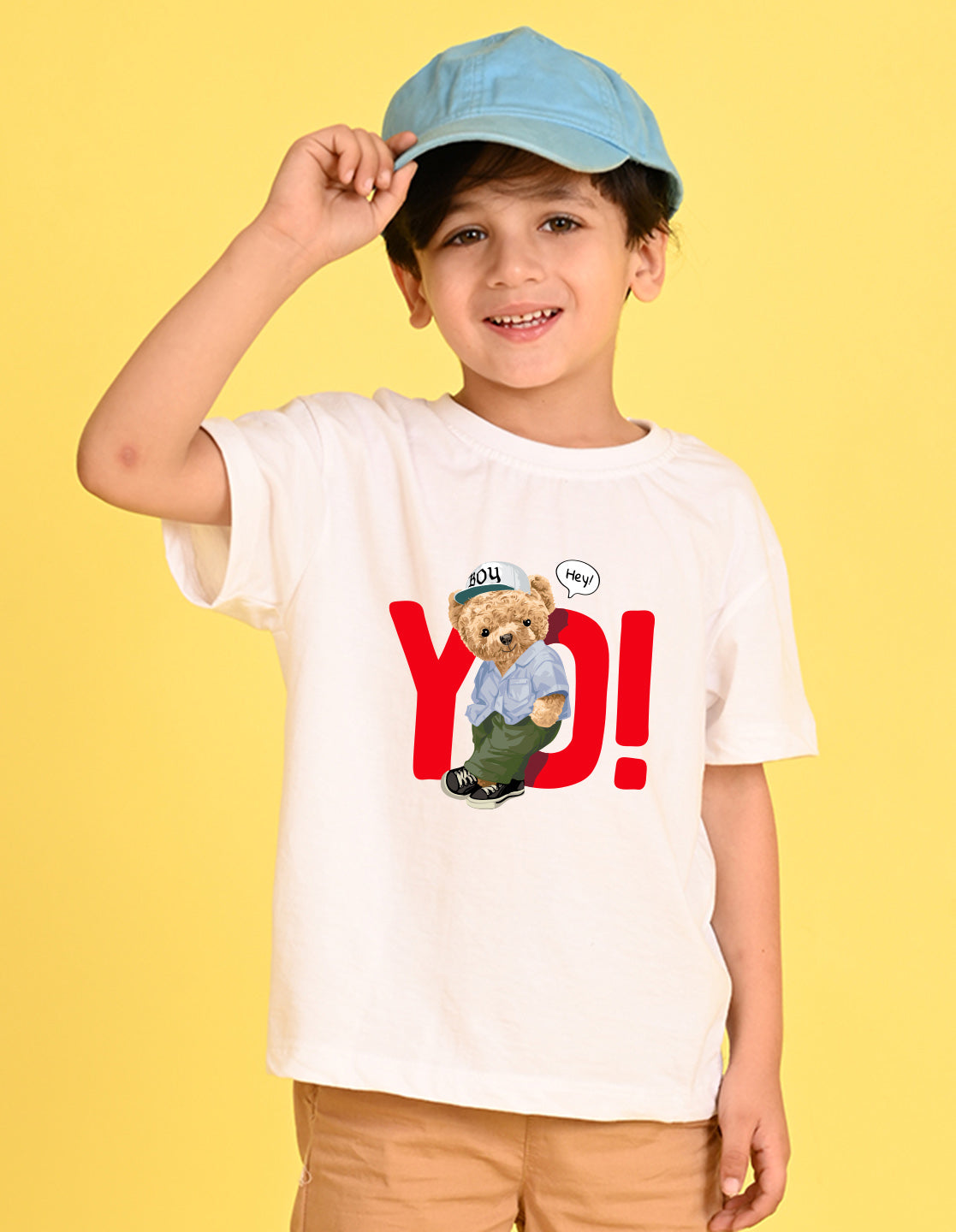 Nusyl Boys White Teddy Bear & Text Printed Short sleeve Cotton Blend Oversized T-shirts
