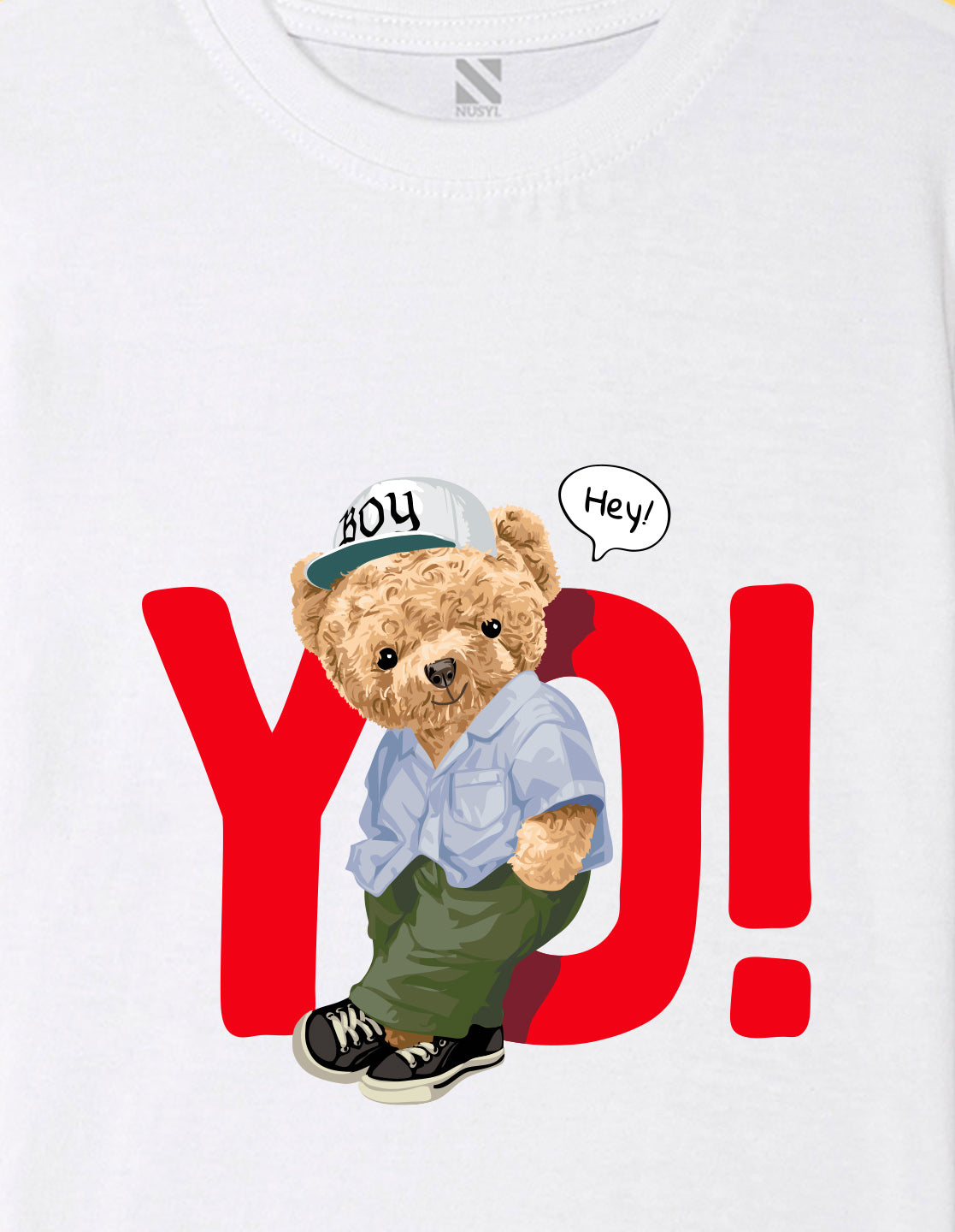 Nusyl Boys White Teddy Bear & Text Printed Short sleeve Cotton Blend Oversized T-shirts
