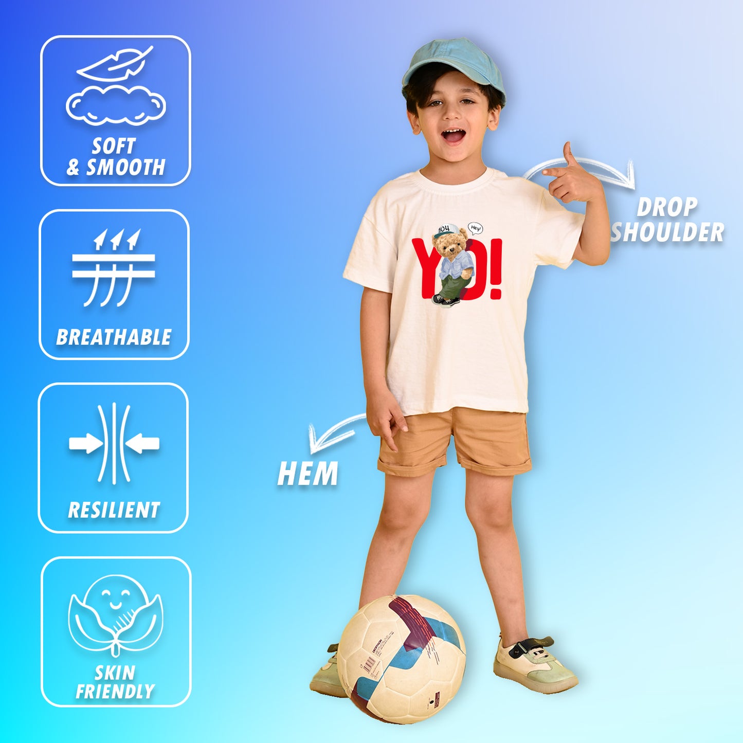 Nusyl Boys White Teddy Bear & Text Printed Short sleeve Cotton Blend Oversized T-shirts