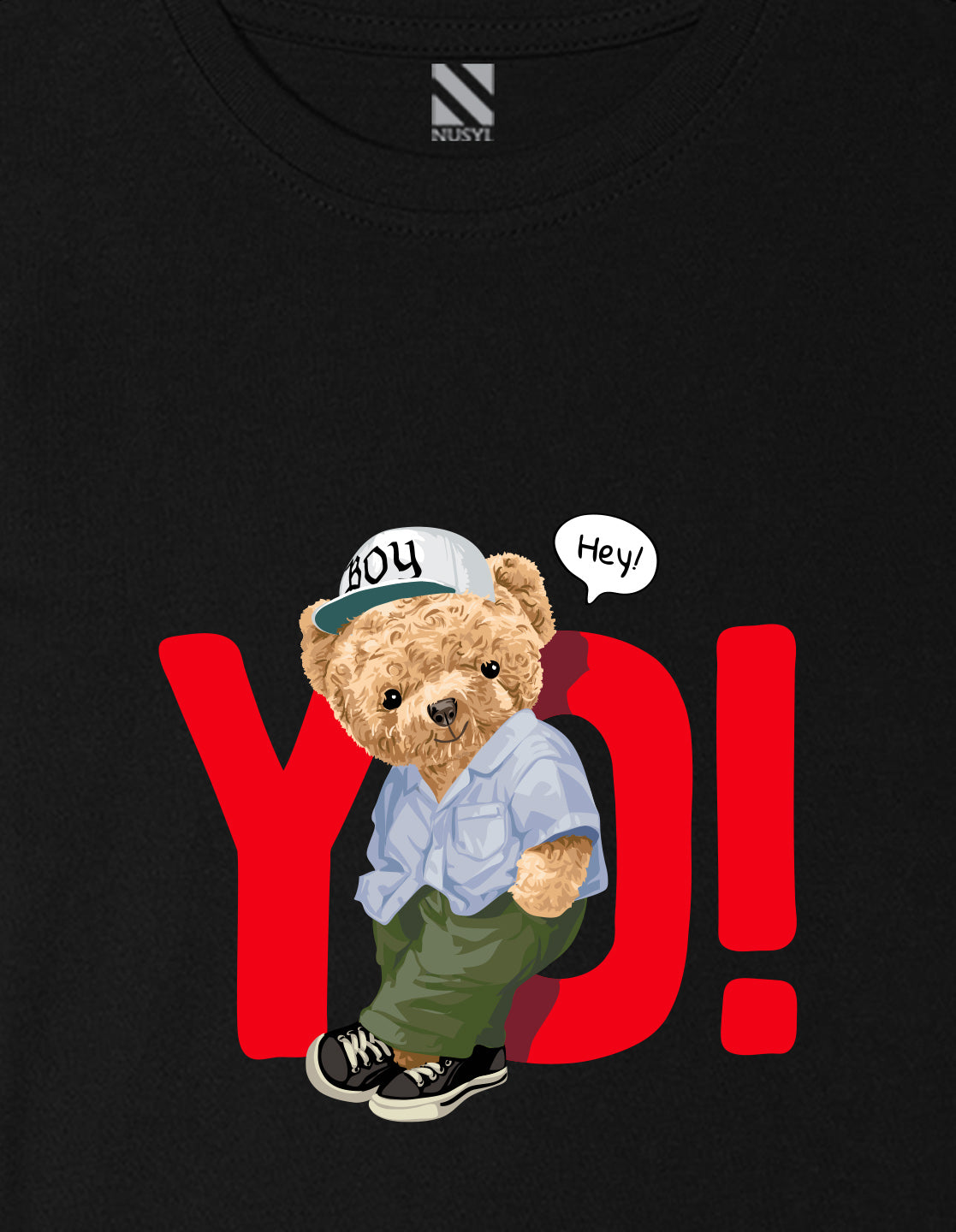 Nusyl Boys Black Teddy Bear & Text Printed Short sleeve Cotton Blend Oversized T-shirts