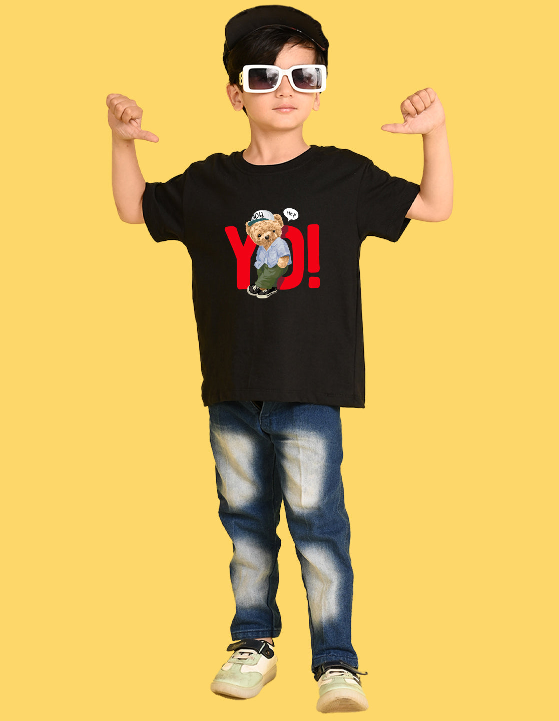 Nusyl Boys Black Teddy Bear & Text Printed Short sleeve Cotton Blend Oversized T-shirts