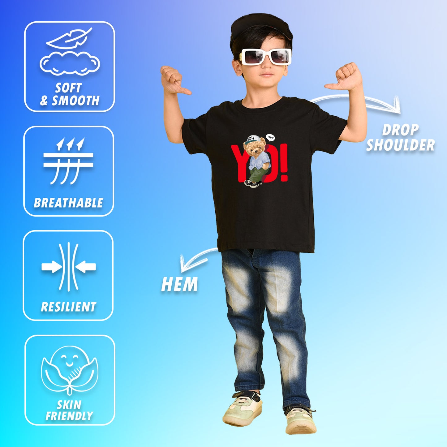 Nusyl Boys Black Teddy Bear & Text Printed Short sleeve Cotton Blend Oversized T-shirts