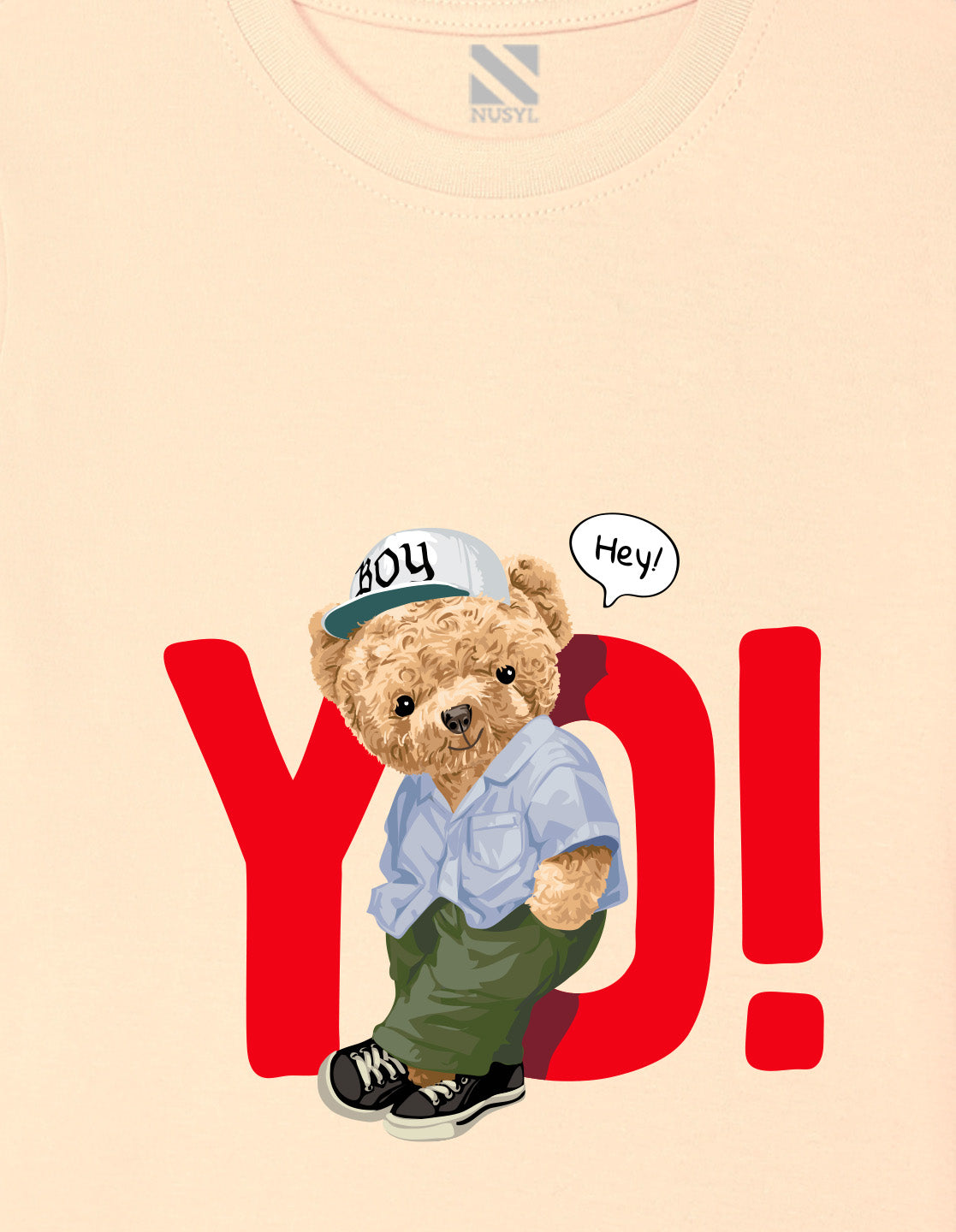 Nusyl Boys Beige Teddy Bear & Text Printed Short sleeve Cotton Blend Oversized T-shirts