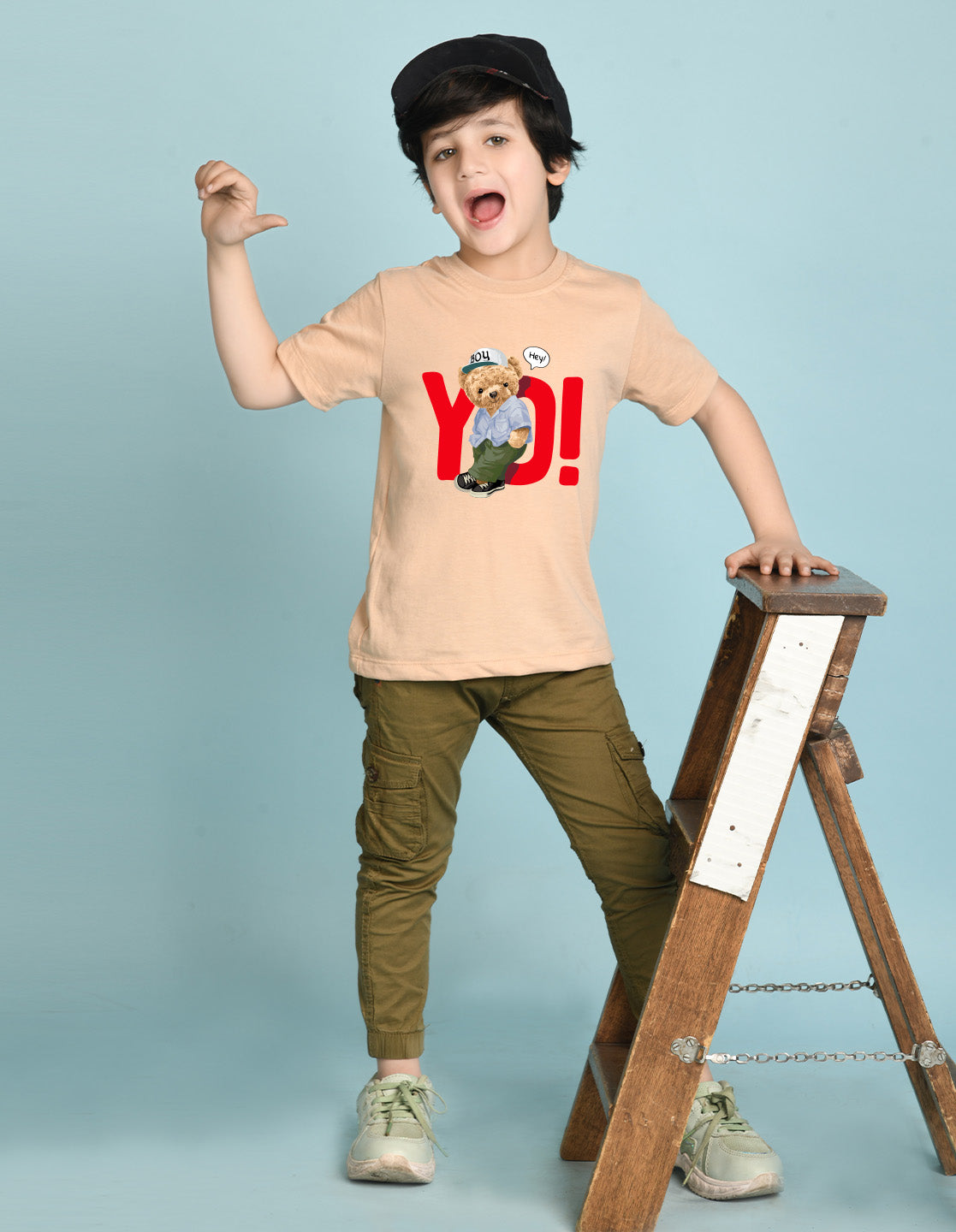 Nusyl Boys Beige Teddy Bear & Text Printed Short sleeve Cotton Blend Oversized T-shirts