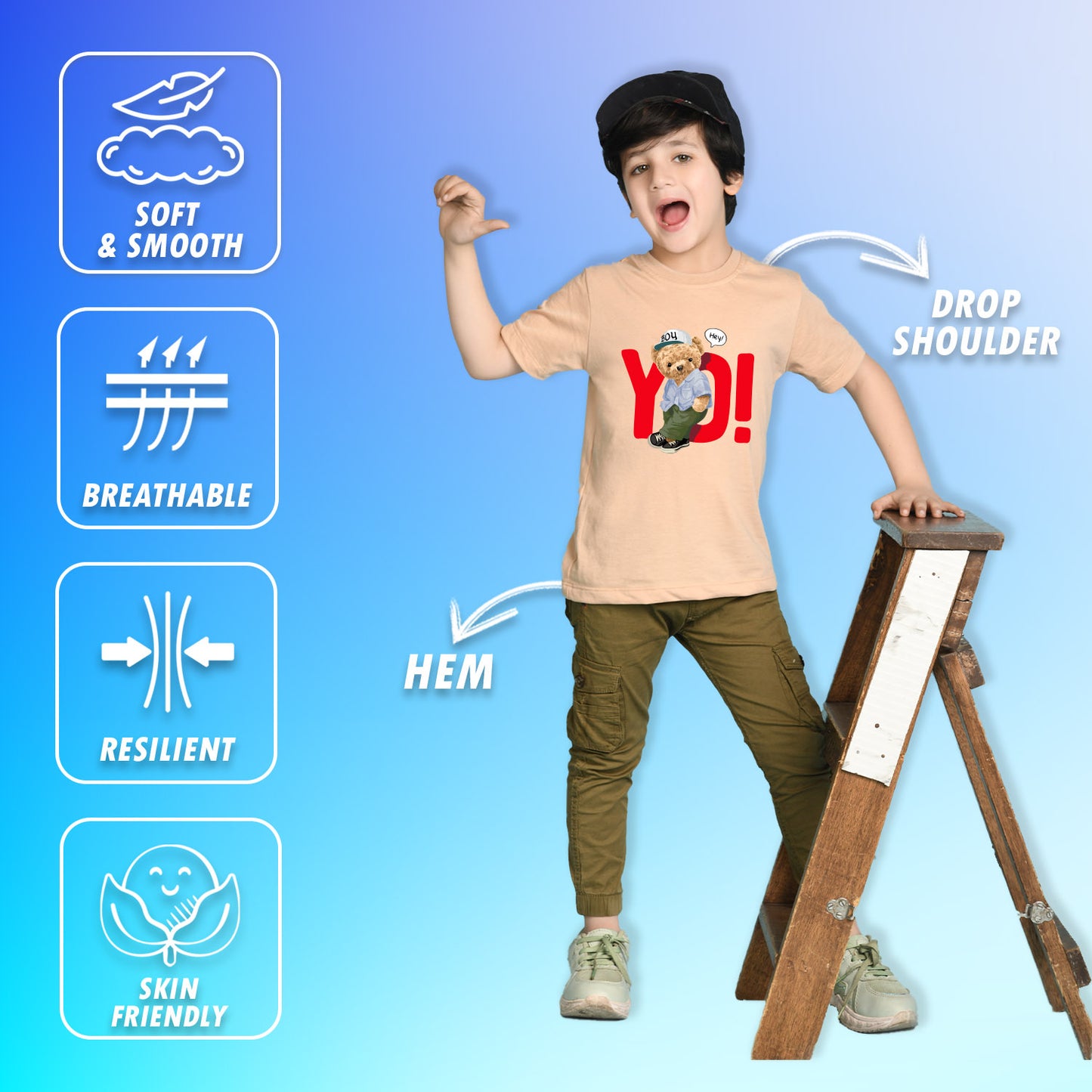 Nusyl Boys Beige Teddy Bear & Text Printed Short sleeve Cotton Blend Oversized T-shirts
