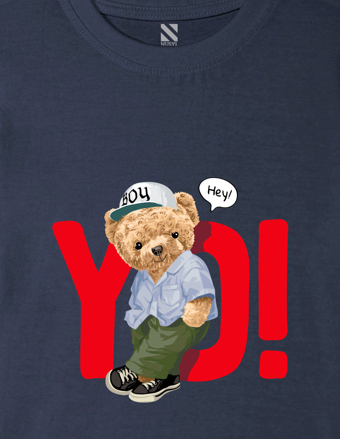 Nusyl Boys Navy Blue Teddy Bear & Text Printed Short sleeve Cotton Blend Oversized T-shirts