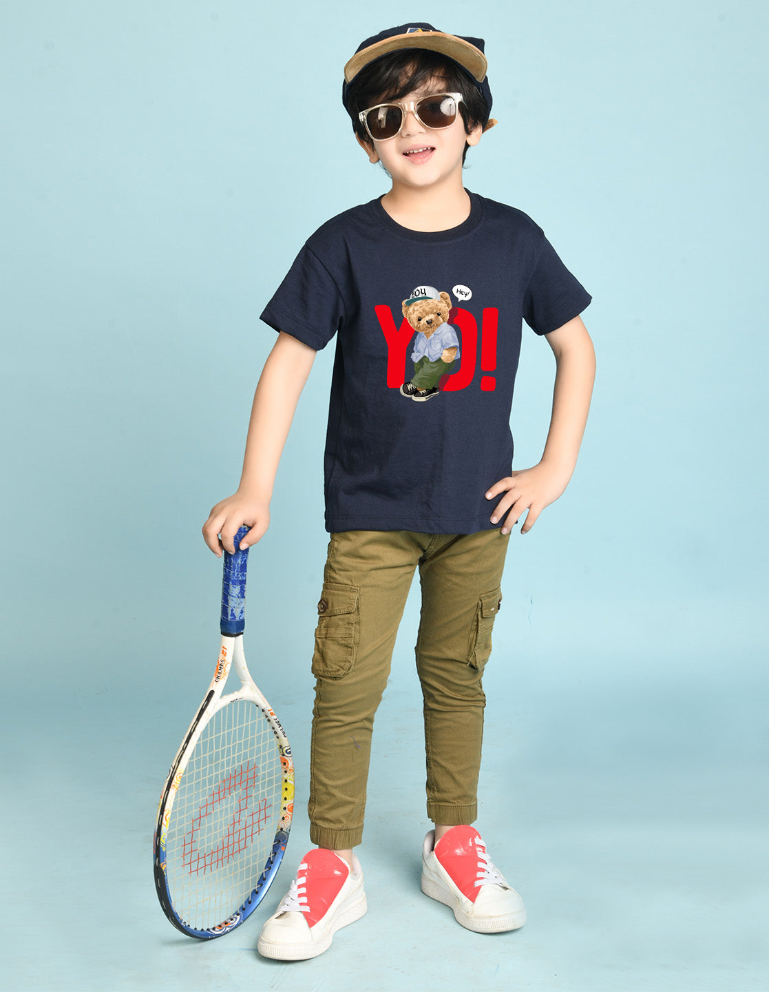 Nusyl Boys Navy Blue Teddy Bear & Text Printed Short sleeve Cotton Blend Oversized T-shirts