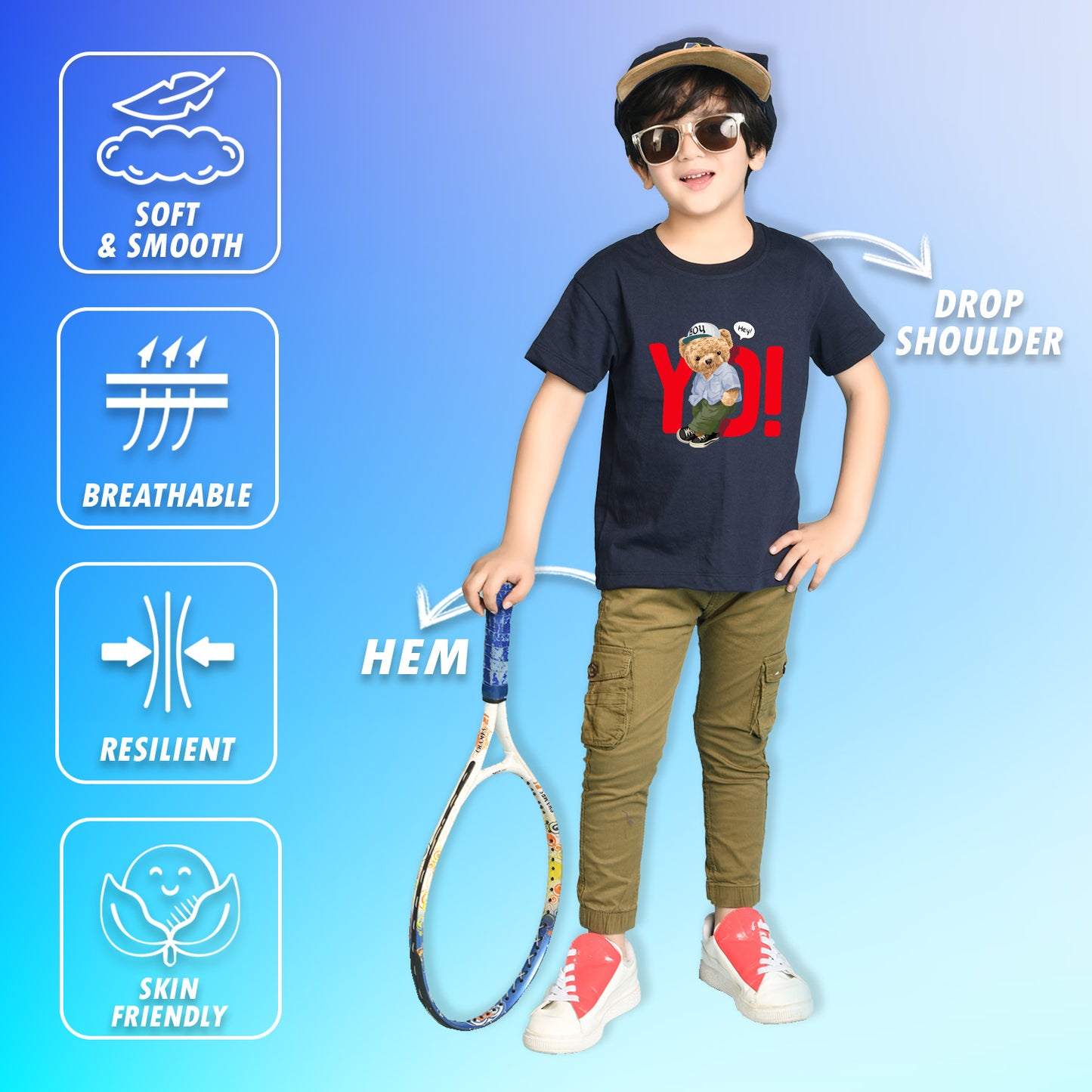Nusyl Boys Navy Blue Teddy Bear & Text Printed Short sleeve Cotton Blend Oversized T-shirts